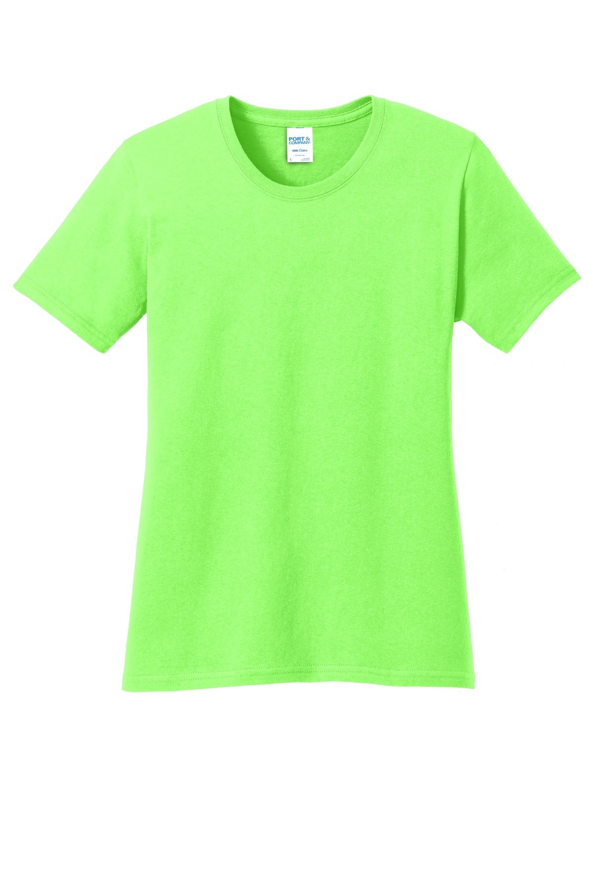 Front View of Neon Green Port & Co Women's Core Cotton Tee. LPC54