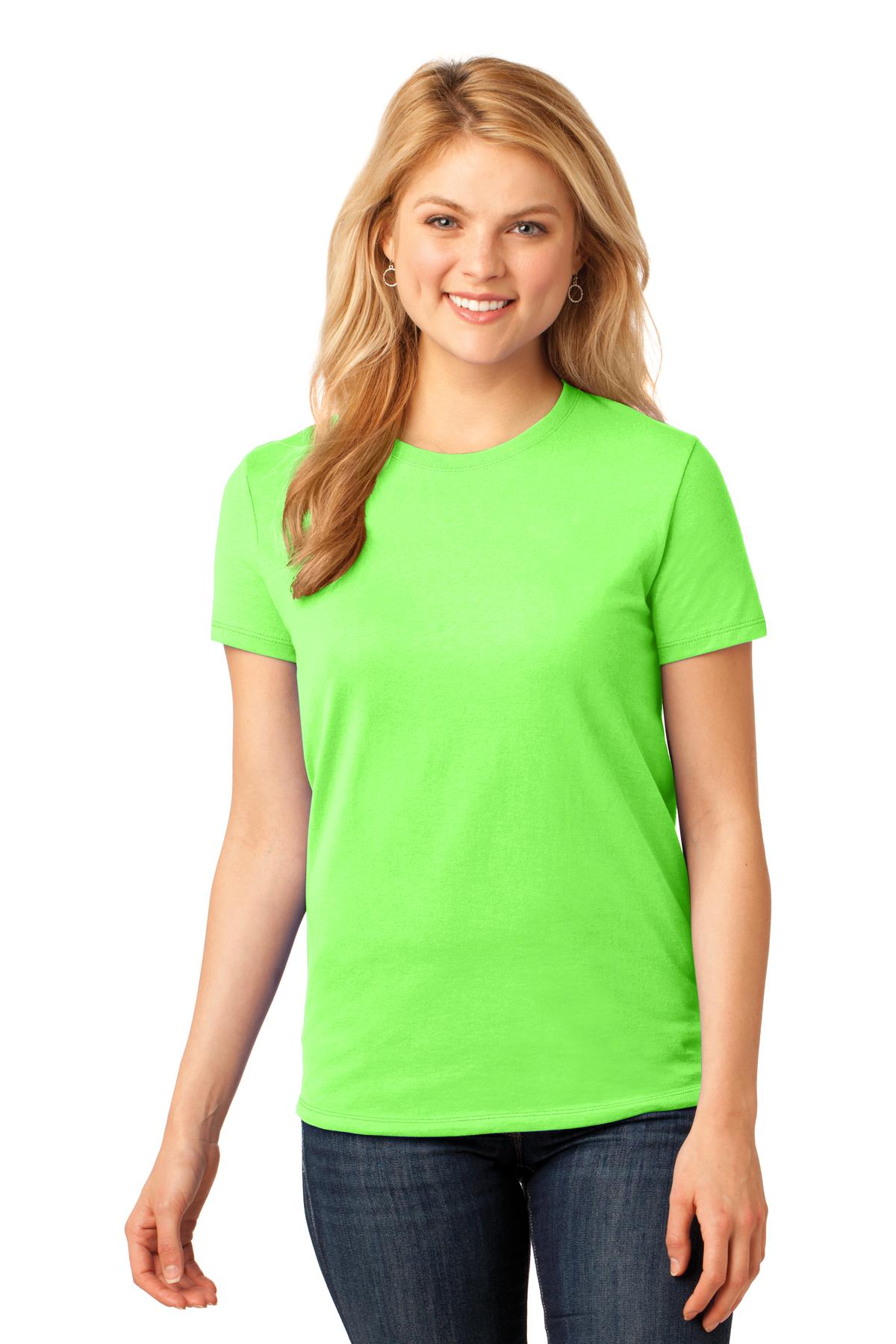 Front View of Neon Green Port & Co Women's Core Cotton Tee. LPC54