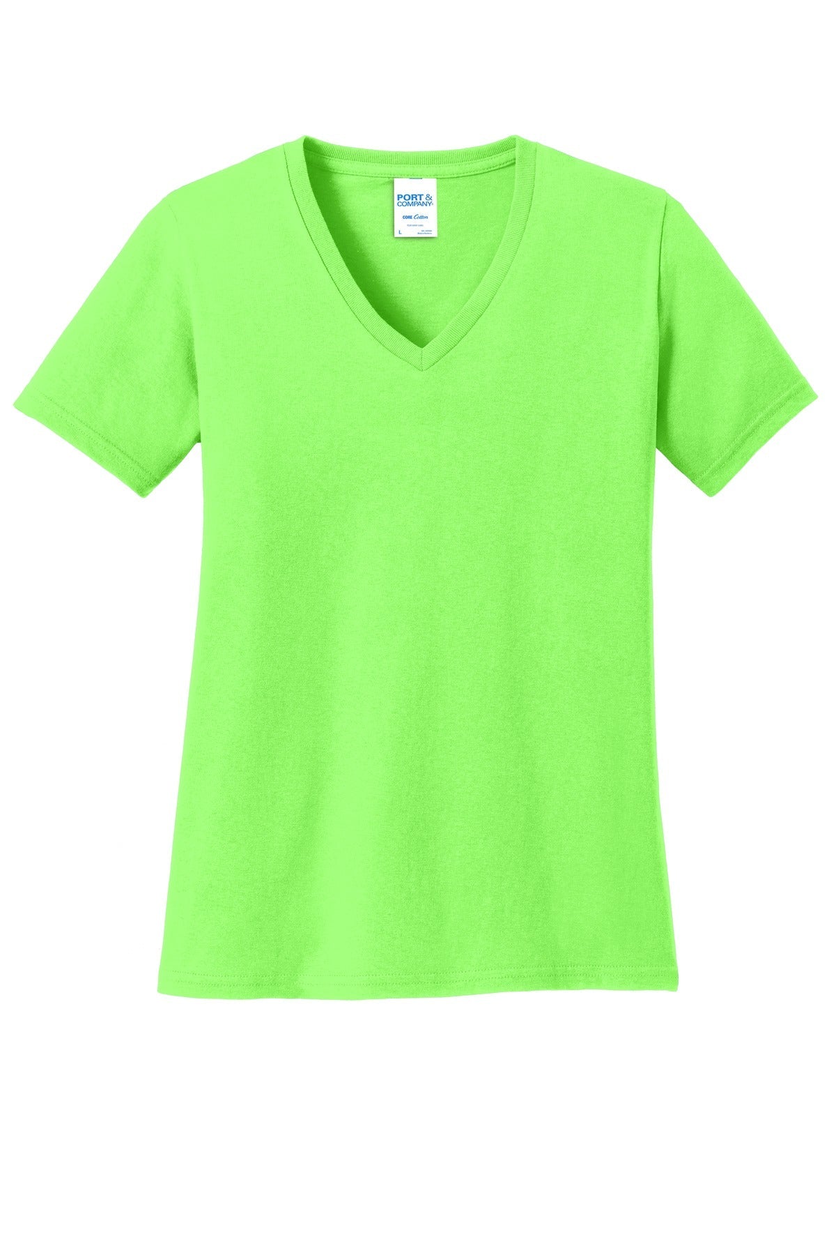 Front View of Neon Green Port & Co Women's Core Cotton V-Neck Tee. LPC54V