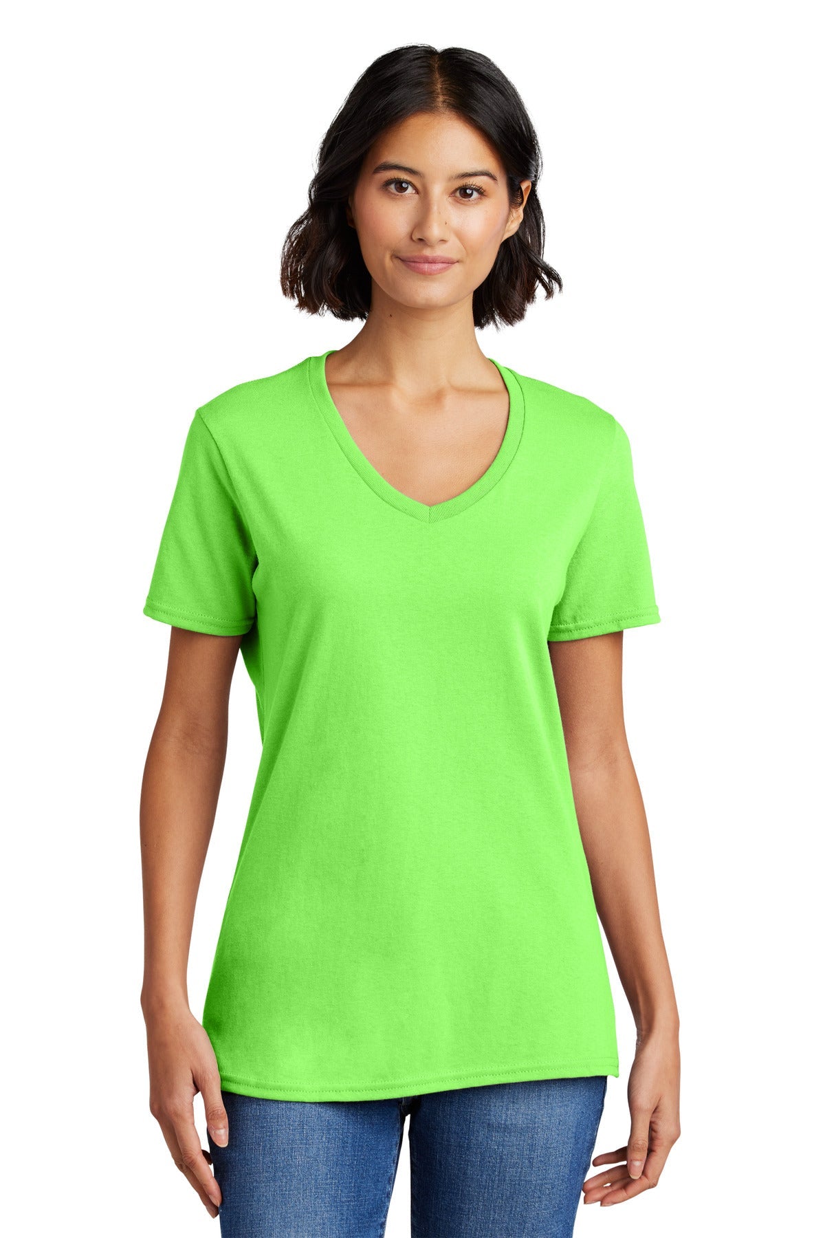 Front View of Neon Green Port & Co Women's Core Cotton V-Neck Tee. LPC54V