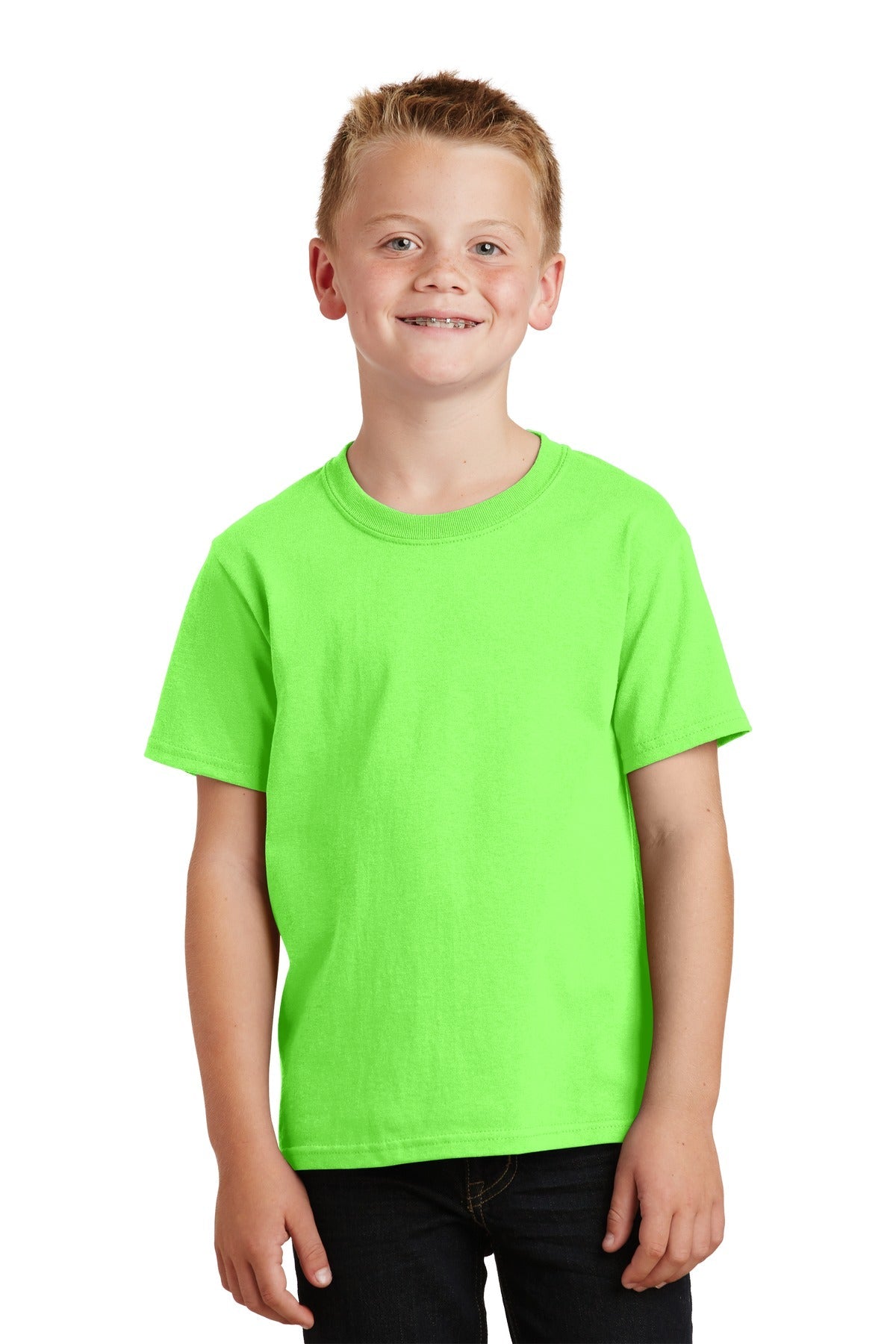 Front View of Neon Green Port & Co Youth Core Cotton Tee. PC54Y