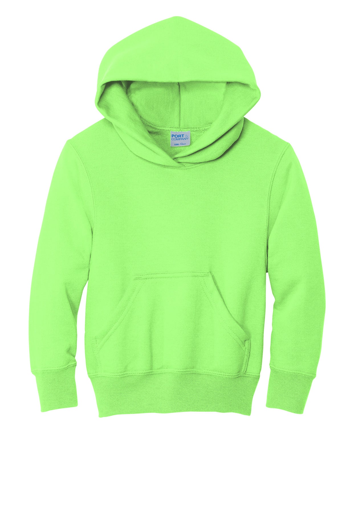Front View of Neon Green Port & Co Youth Core Fleece Pullover Hooded Sweatshirt. PC90YH