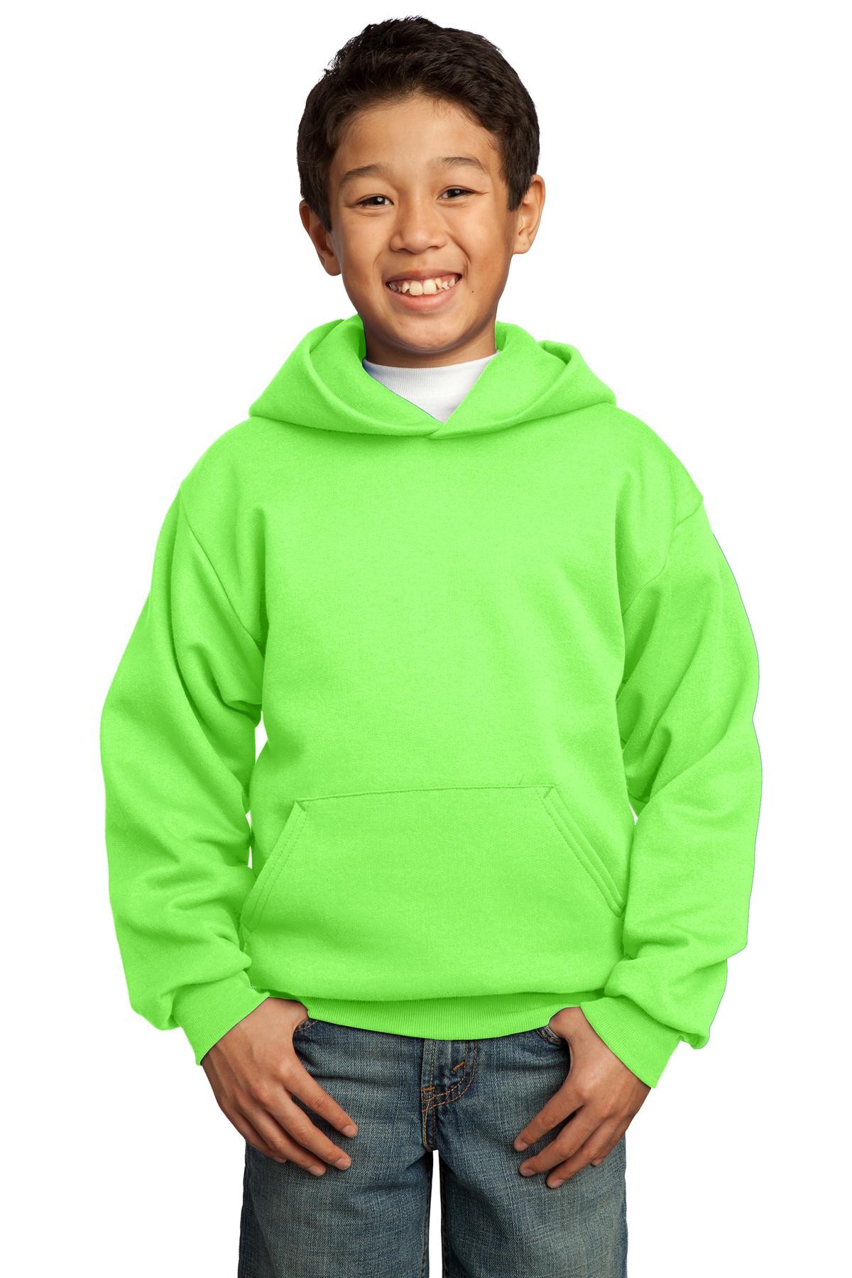 Front View of Neon Green Port & Co Youth Core Fleece Pullover Hooded Sweatshirt. PC90YH