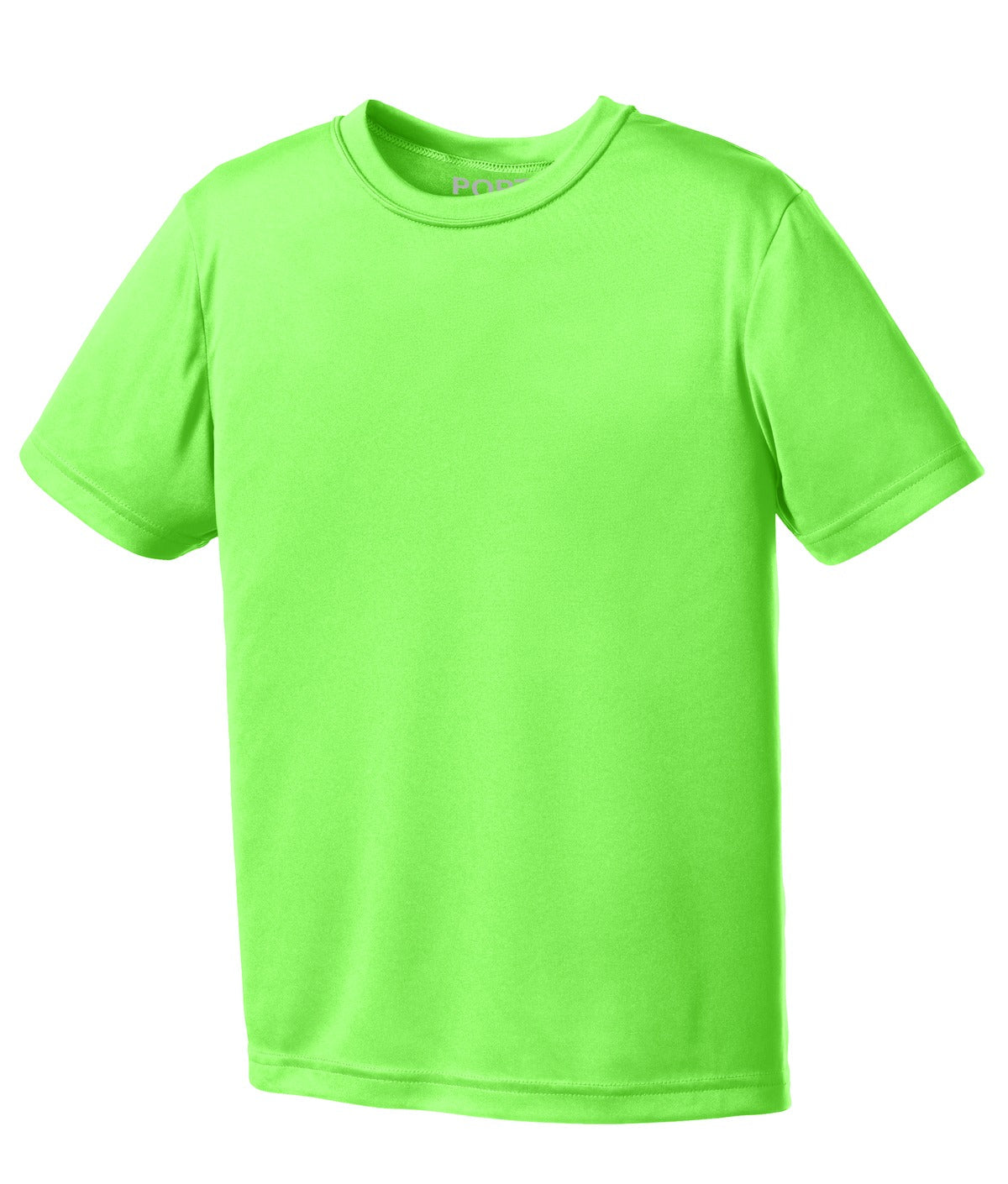 Front View of Neon Green Port & Co Youth Performance Tee. PC380Y