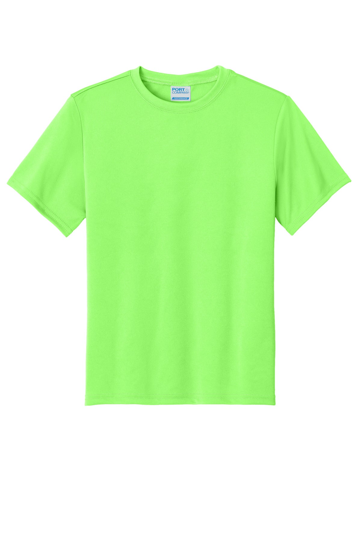 Front View of Neon Green Port & Co Youth Performance Tee. PC380Y