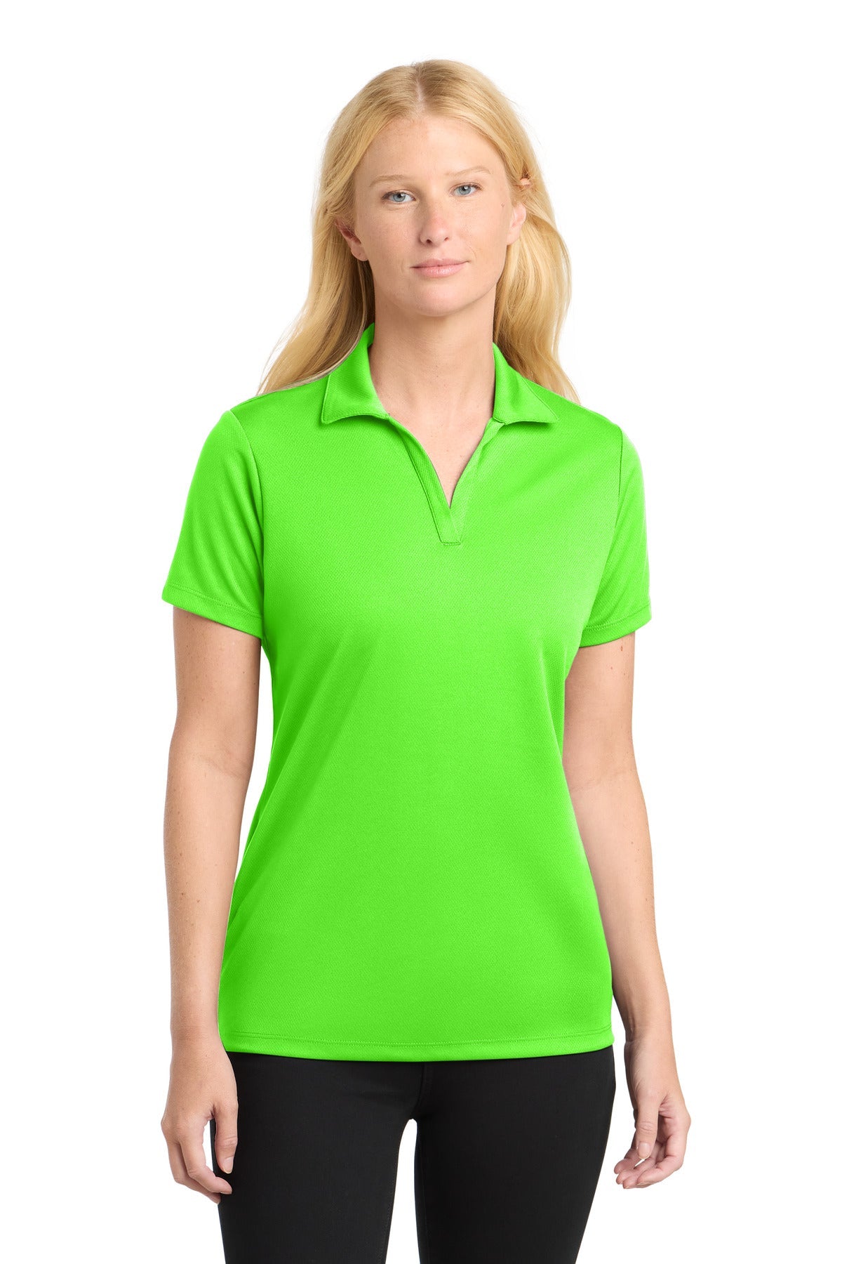 Front View of Neon Green Sport-Tek Women's PosiCharge RacerMesh Polo. LST640