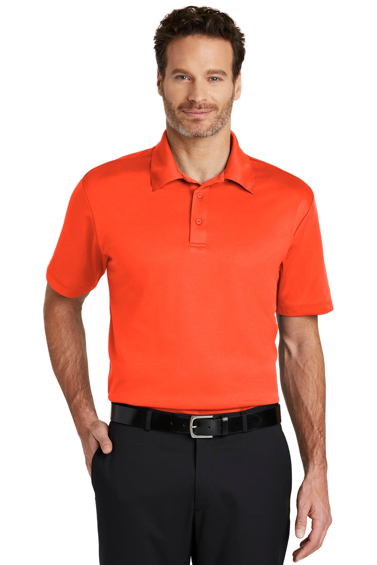 Front View of Neon Orange Port Authority Silk Touch Performance Polo. K540