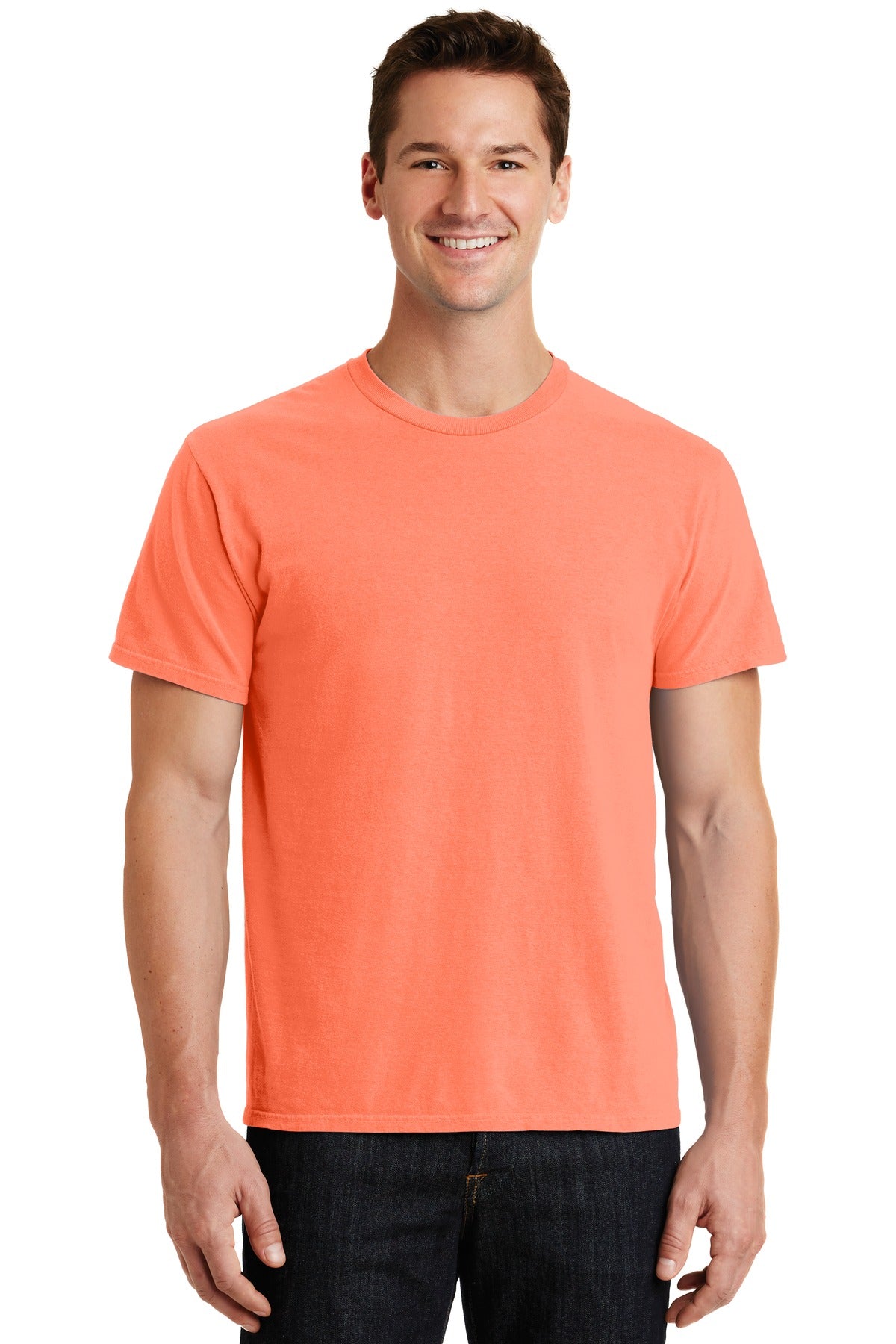 Front View of Neon Orange Port & Co Beach Wash Garment-Dyed Tee. PC099
