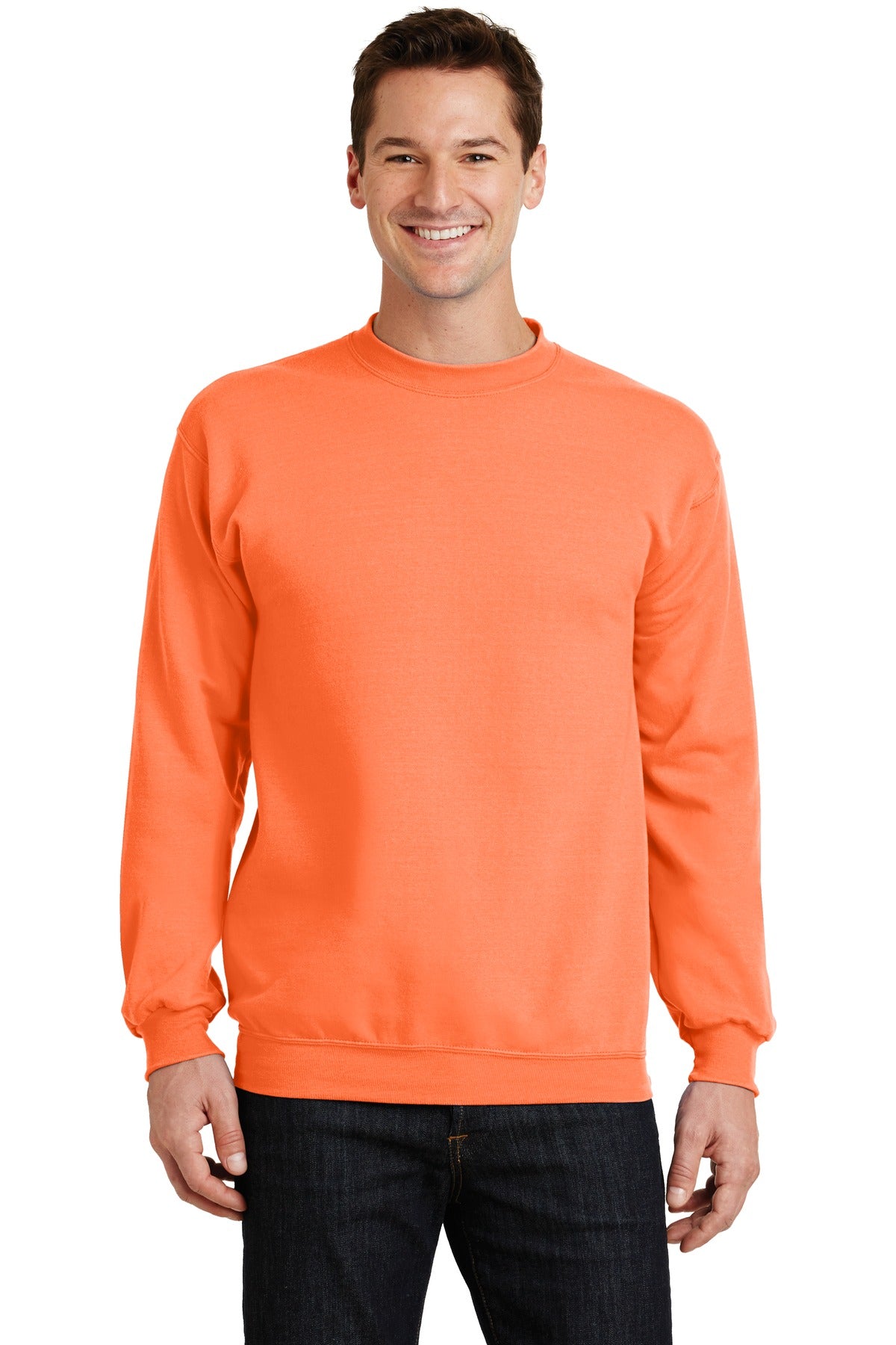 Front View of Neon Orange Port & Co Core Fleece Crewneck Sweatshirt. PC78