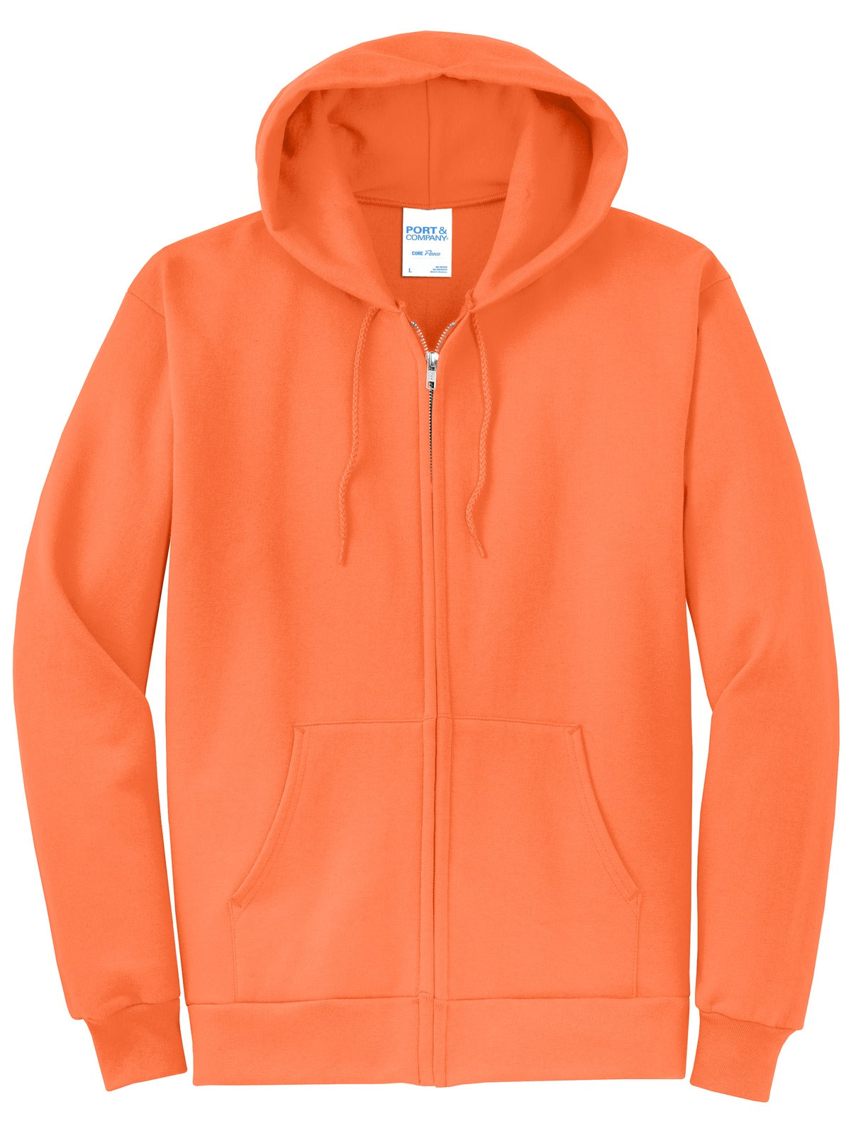 Front View of Neon Orange Port & Co Core Fleece Full-Zip Hooded Sweatshirt. PC78ZH
