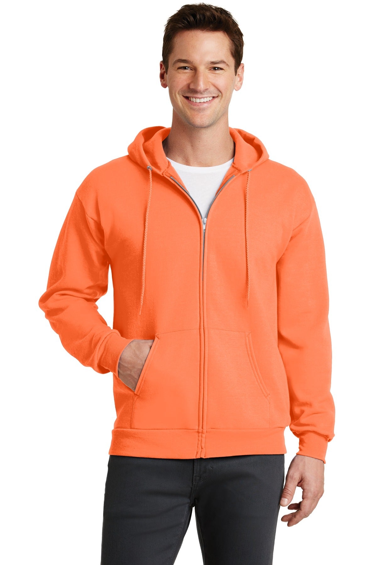 Front View of Neon Orange Port & Co Core Fleece Full-Zip Hooded Sweatshirt. PC78ZH