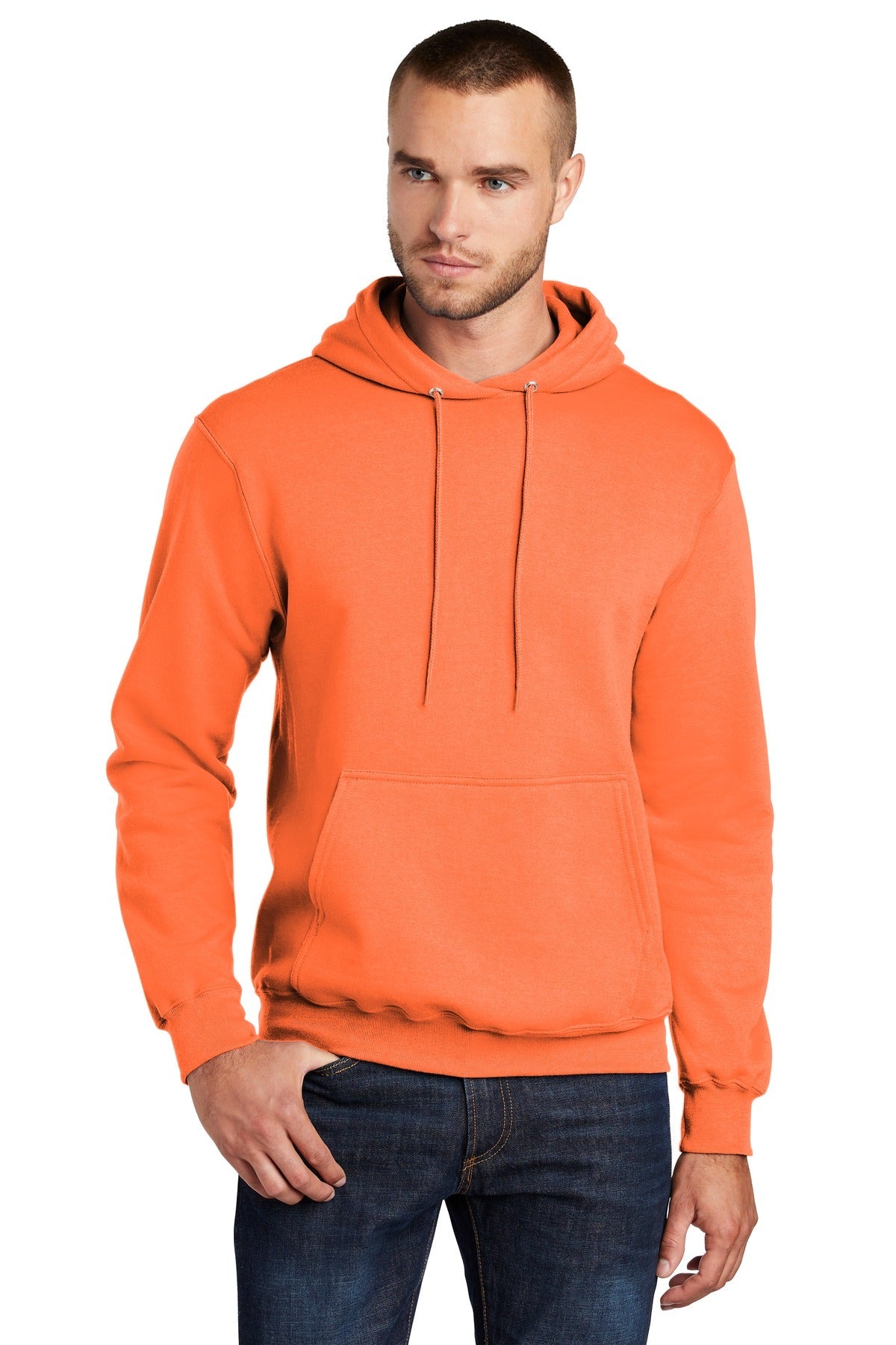 Front View of Neon Orange Port & Co Core Fleece Pullover Hooded Sweatshirt. PC78H