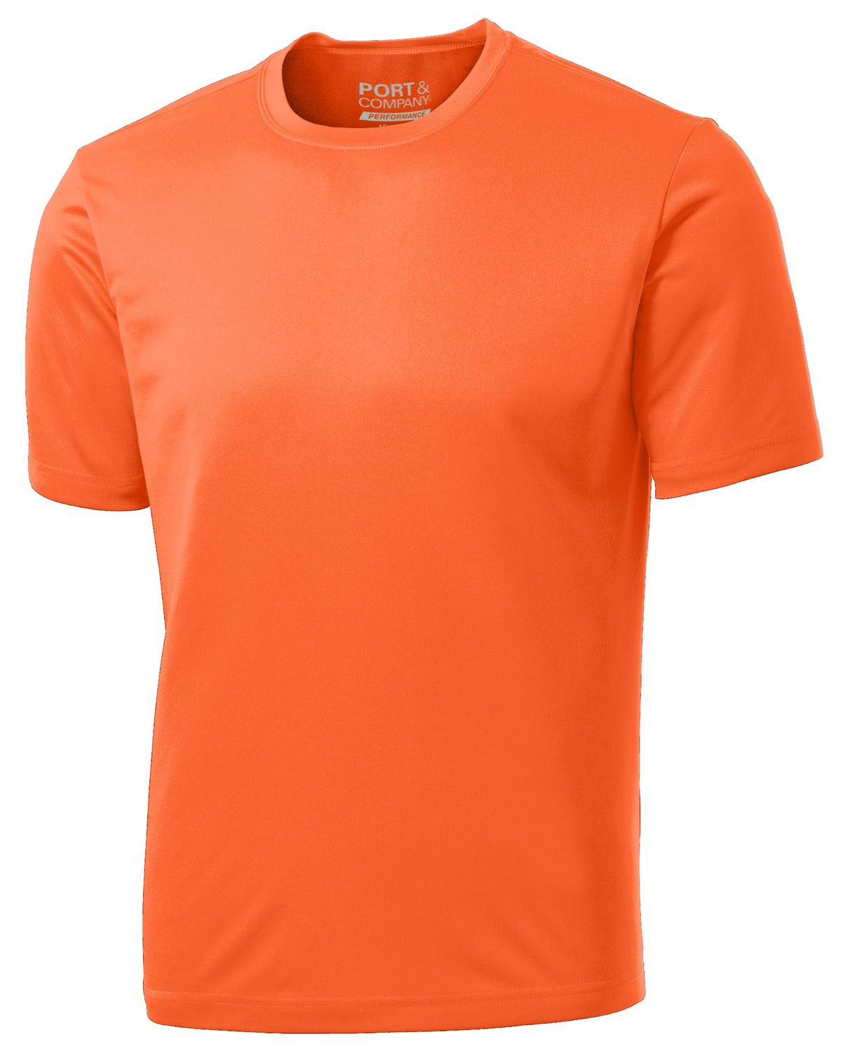 Front View of Neon Orange Port & Co Performance Tee. PC380