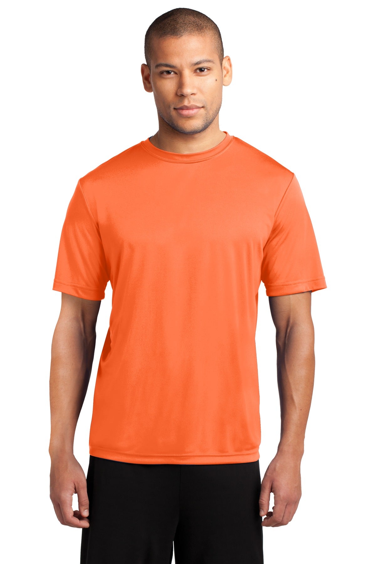 Front View of Neon Orange Port & Co Performance Tee. PC380