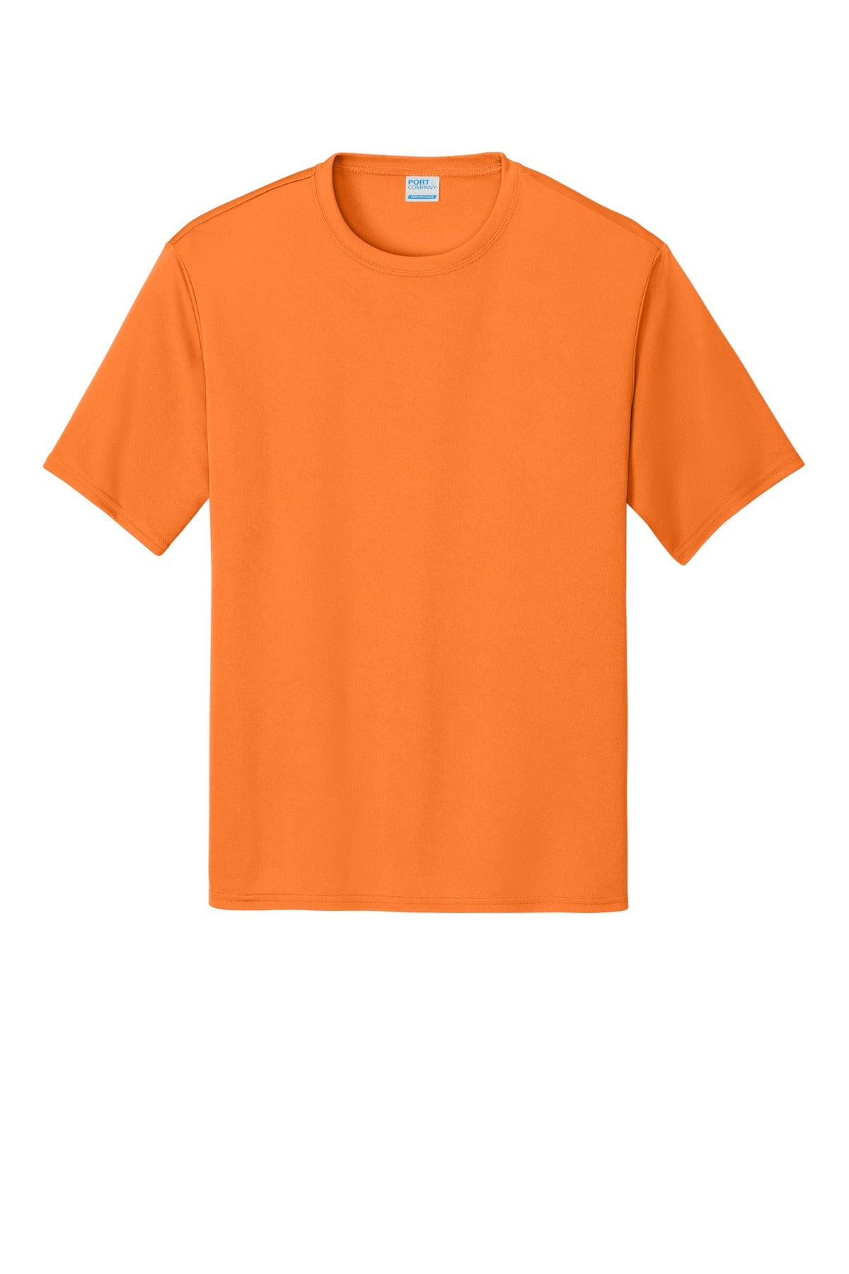 Front View of Neon Orange Port & Co Performance Tee. PC380