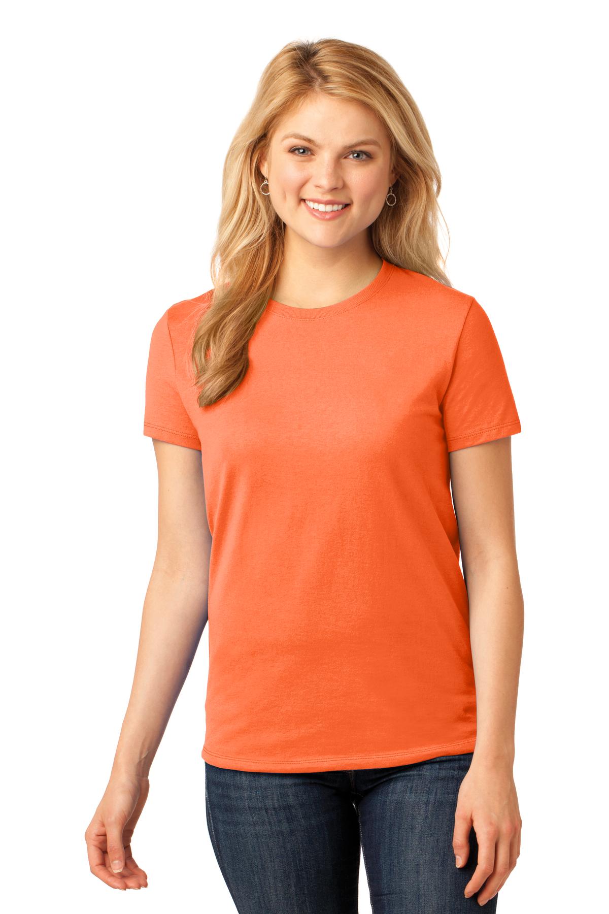 Front View of Neon Orange Port & Co Women's Core Cotton Tee. LPC54