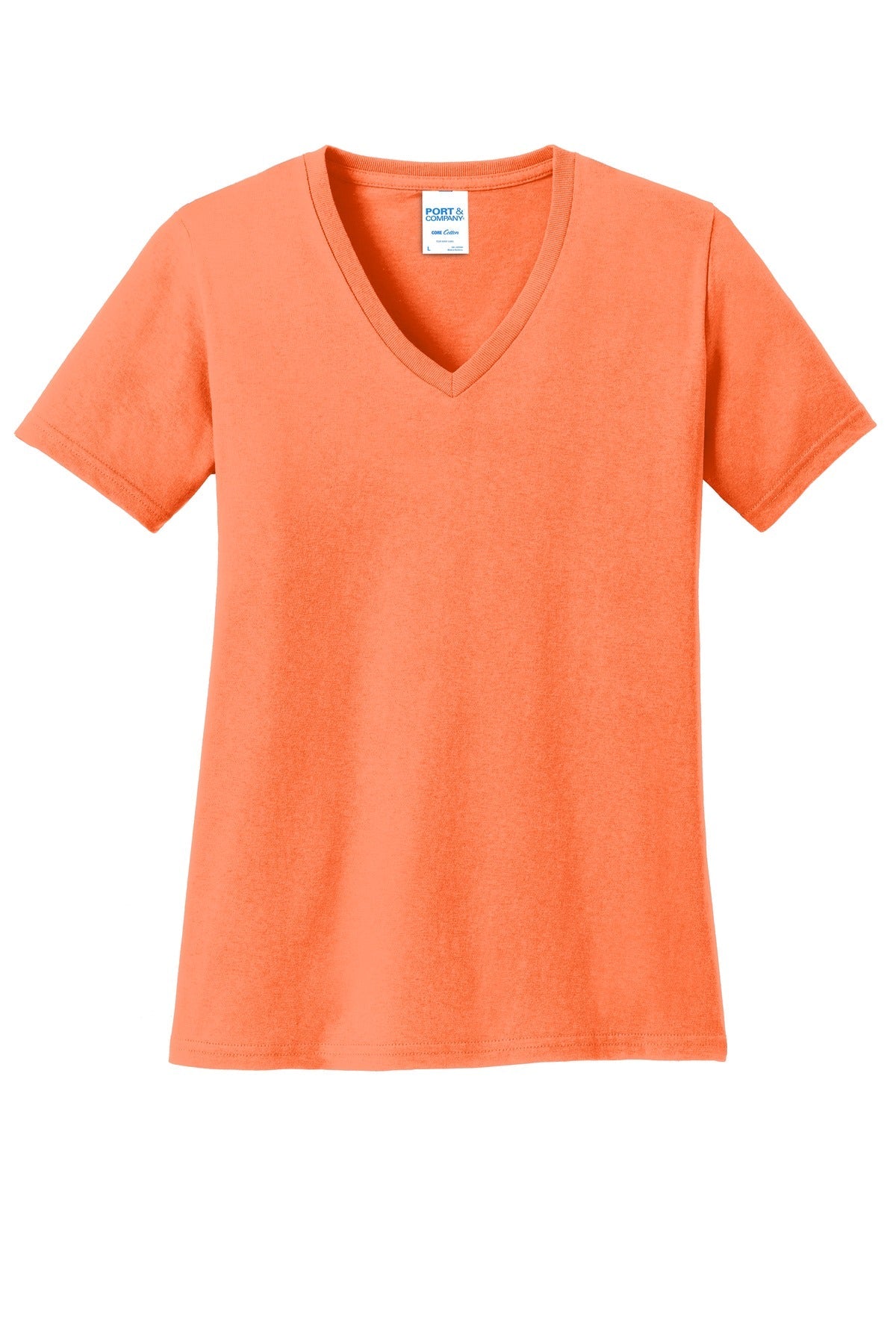 Front View of Neon Orange Port & Co Women's Core Cotton V-Neck Tee. LPC54V