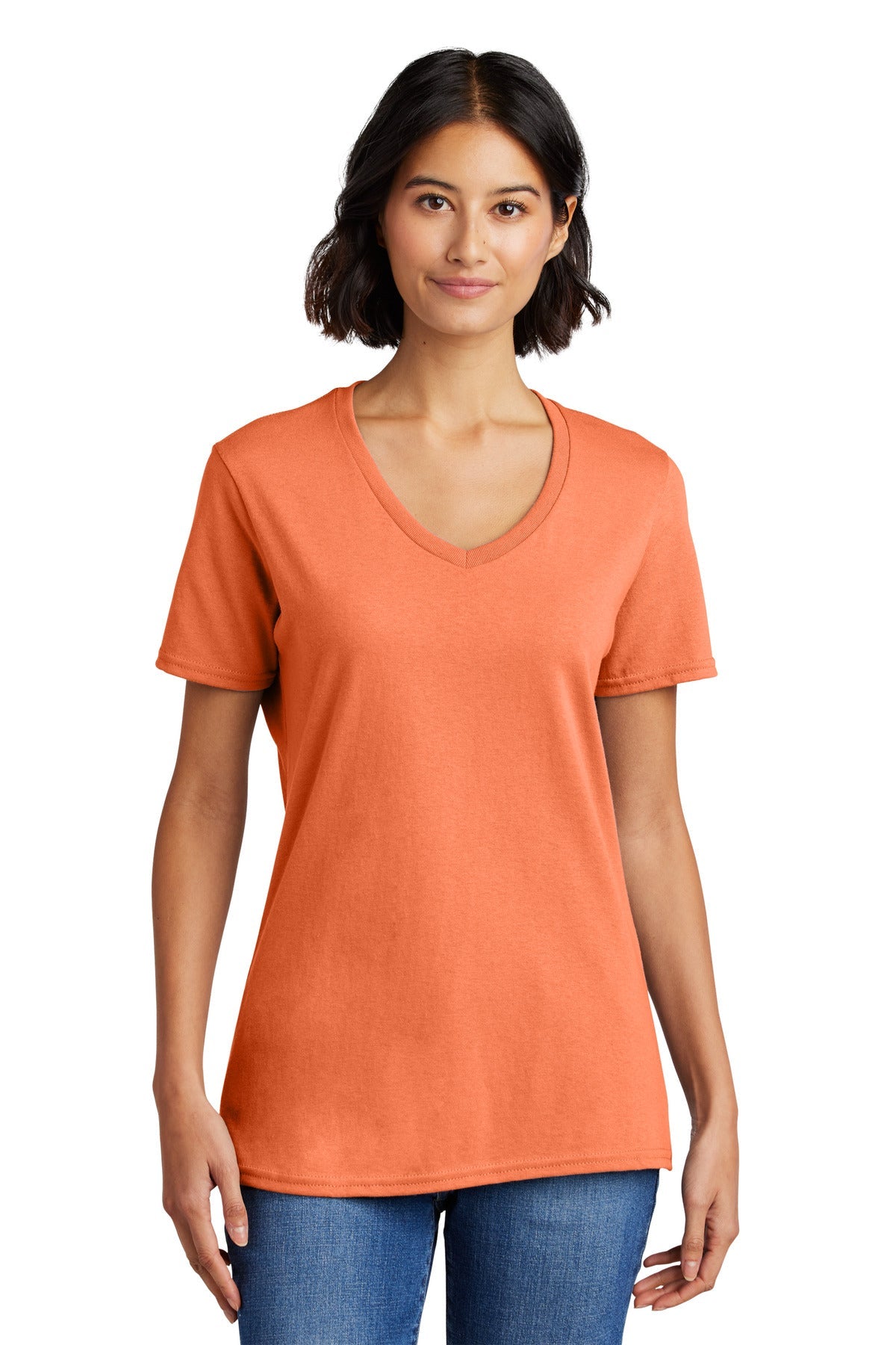 Front View of Neon Orange Port & Co Women's Core Cotton V-Neck Tee. LPC54V