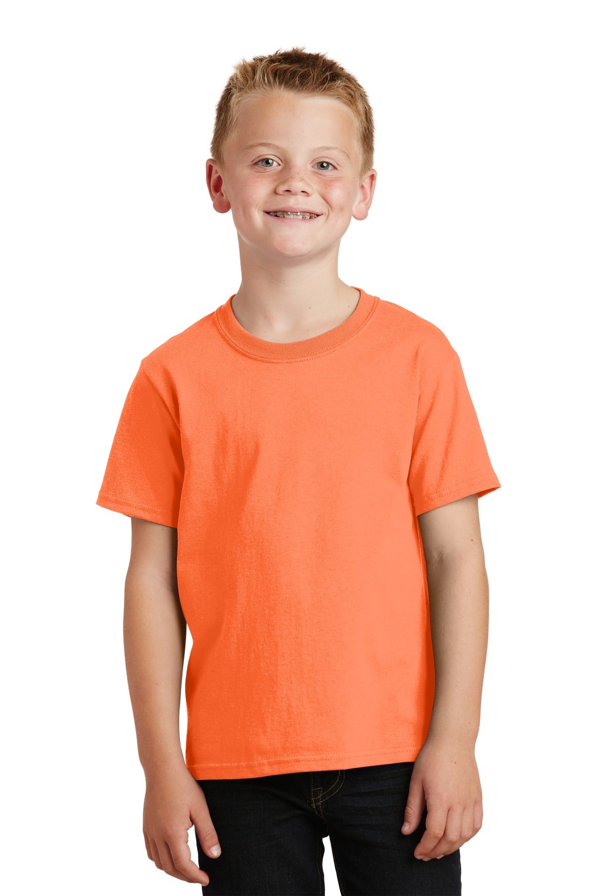 Front View of Neon Orange Port & Co Youth Core Cotton Tee. PC54Y