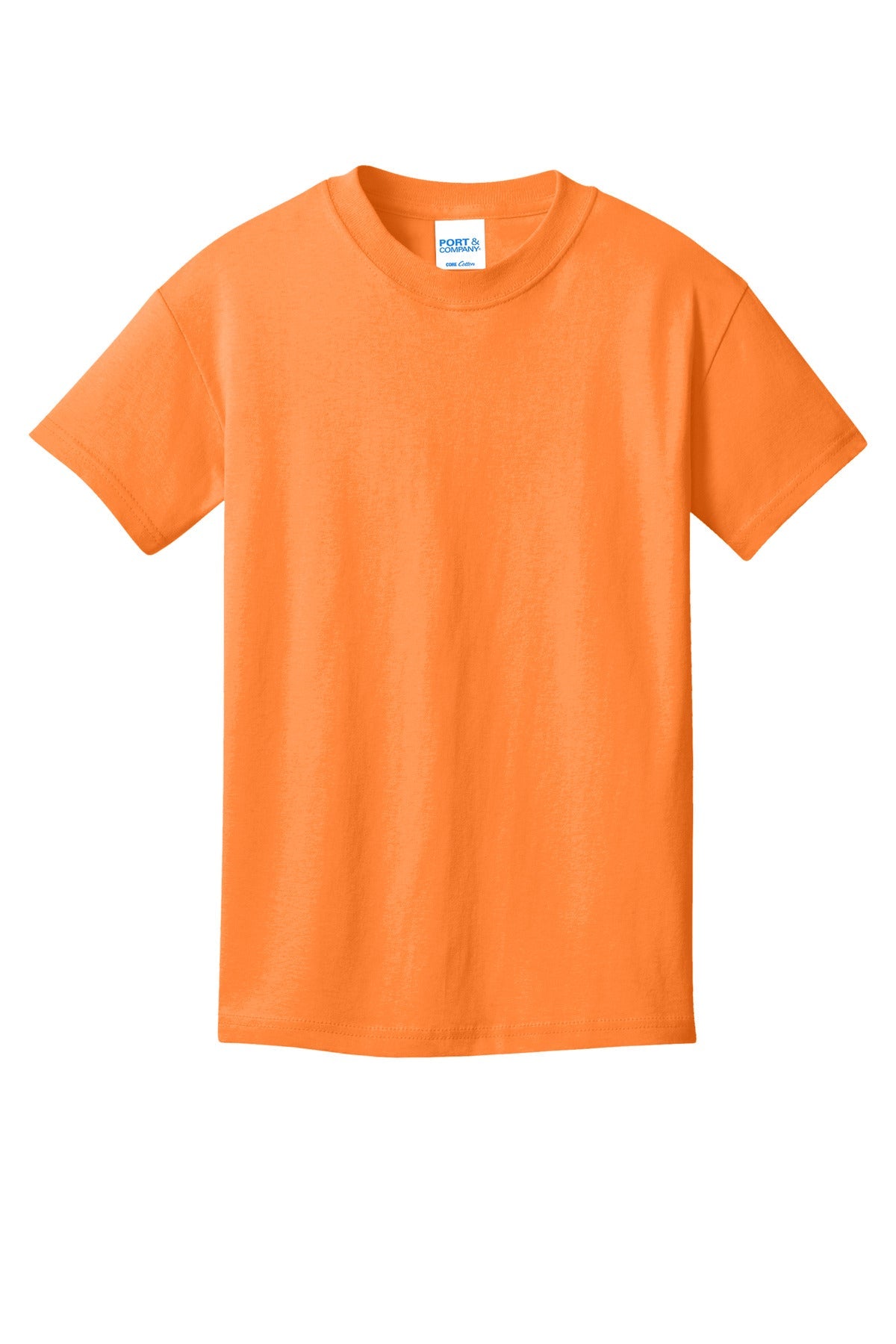 Front View of Neon Orange Port & Co Youth Core Cotton Tee. PC54Y