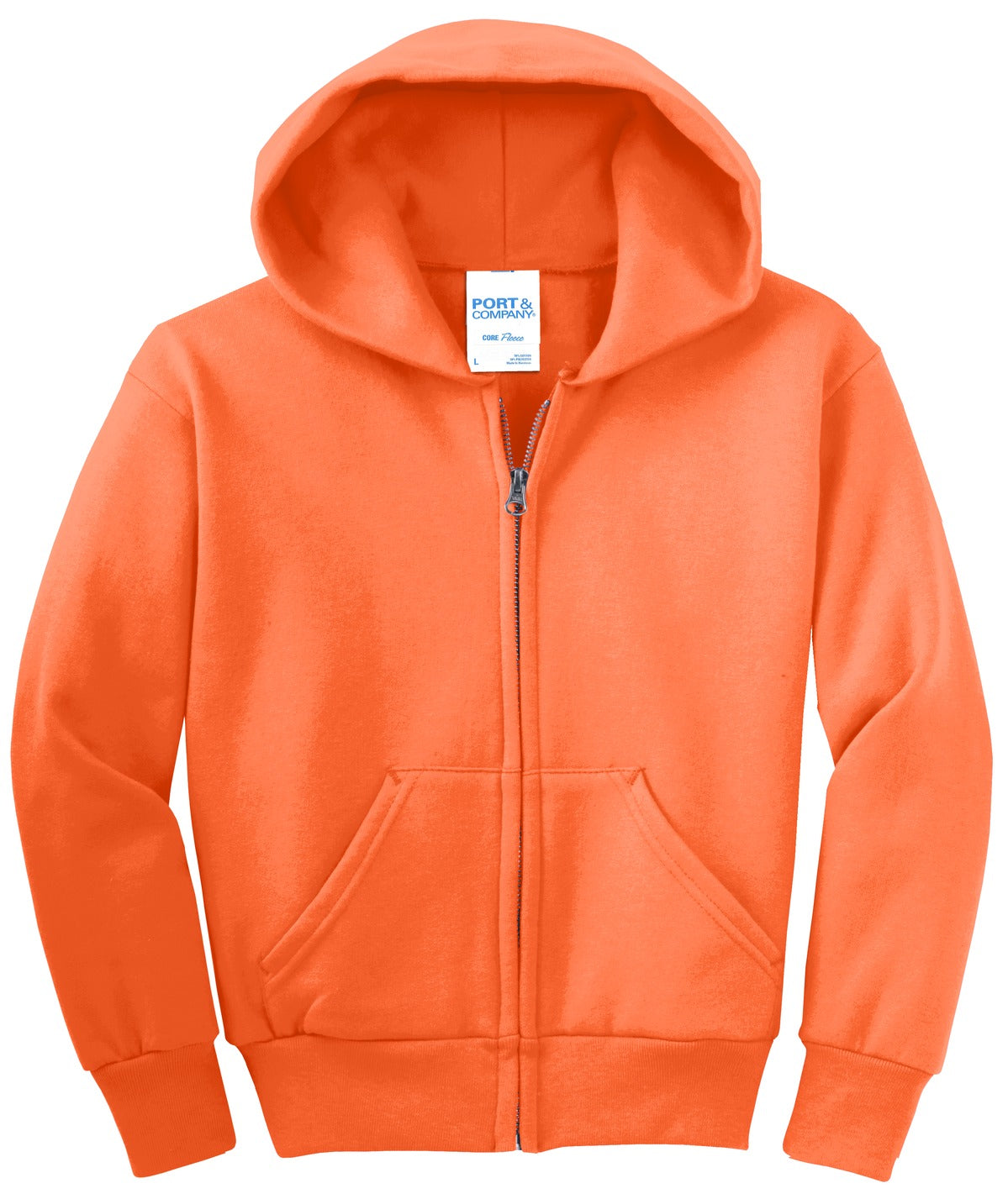 Front View of Neon Orange Port & Co Youth Core Fleece Full-Zip Hooded Sweatshirt. PC90YZH