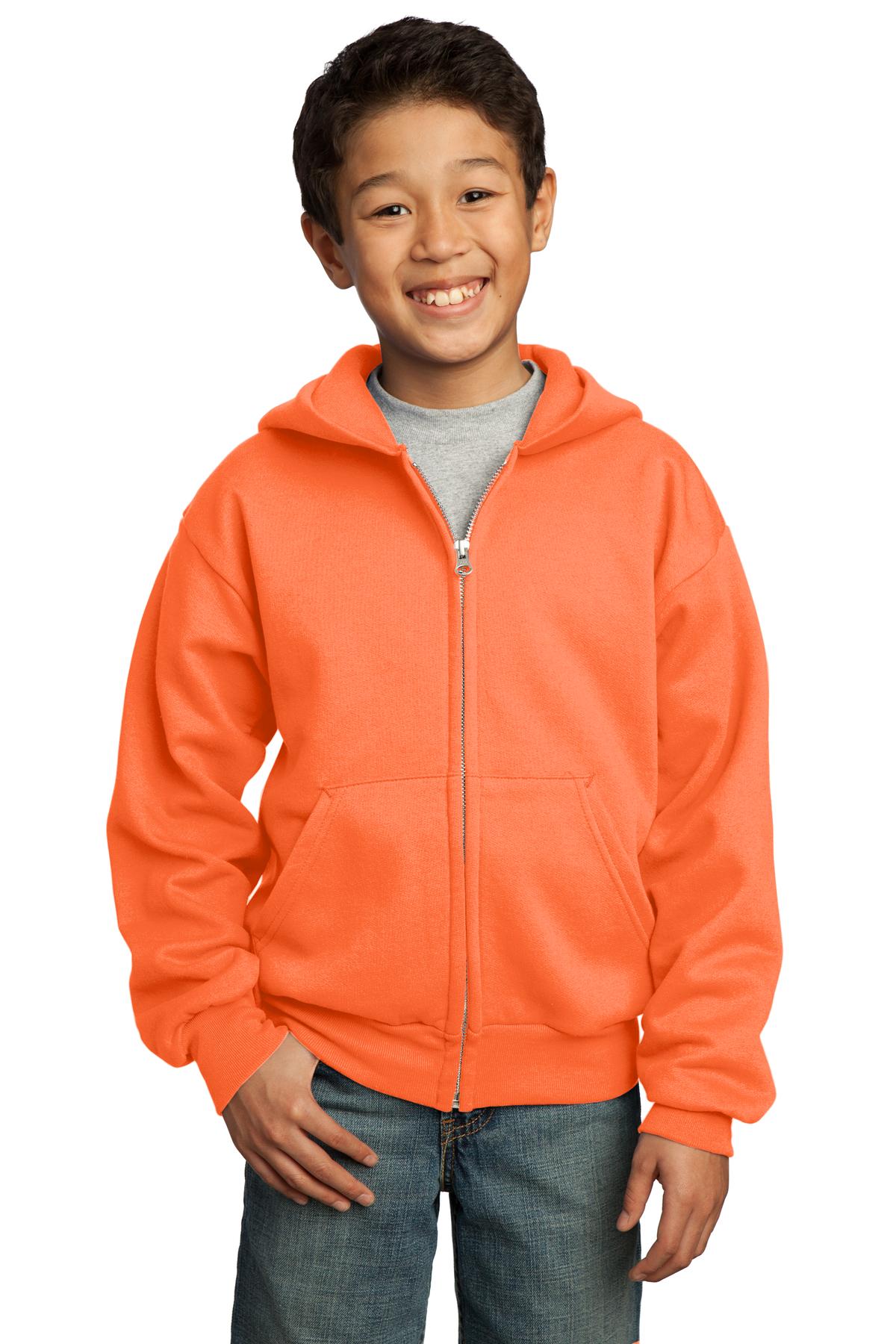 Front View of Neon Orange Port & Co Youth Core Fleece Full-Zip Hooded Sweatshirt. PC90YZH