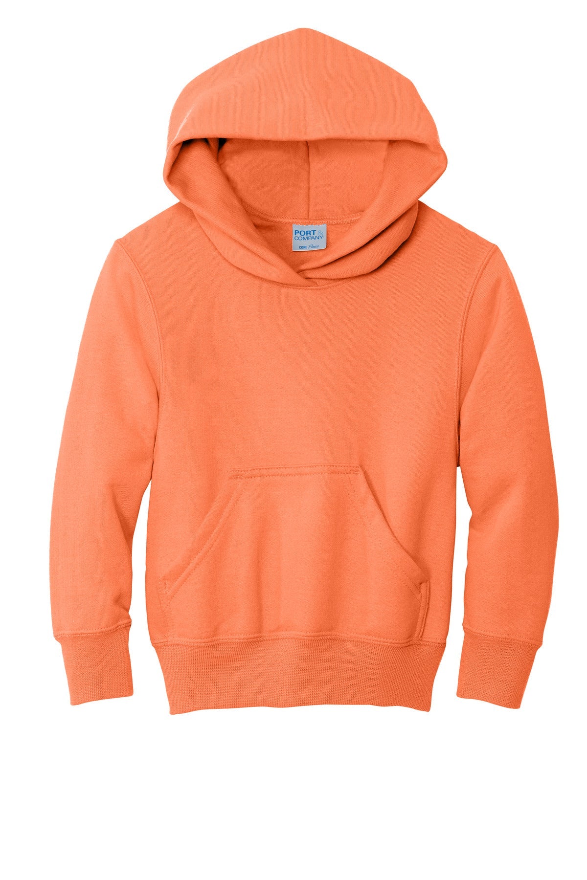 Front View of Neon Orange Port & Co Youth Core Fleece Pullover Hooded Sweatshirt. PC90YH