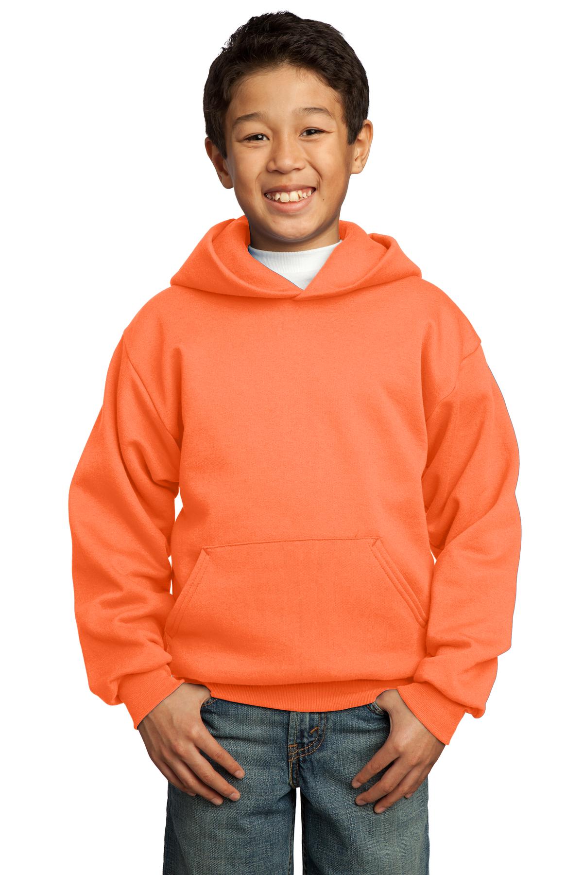 Front View of Neon Orange Port & Co Youth Core Fleece Pullover Hooded Sweatshirt. PC90YH