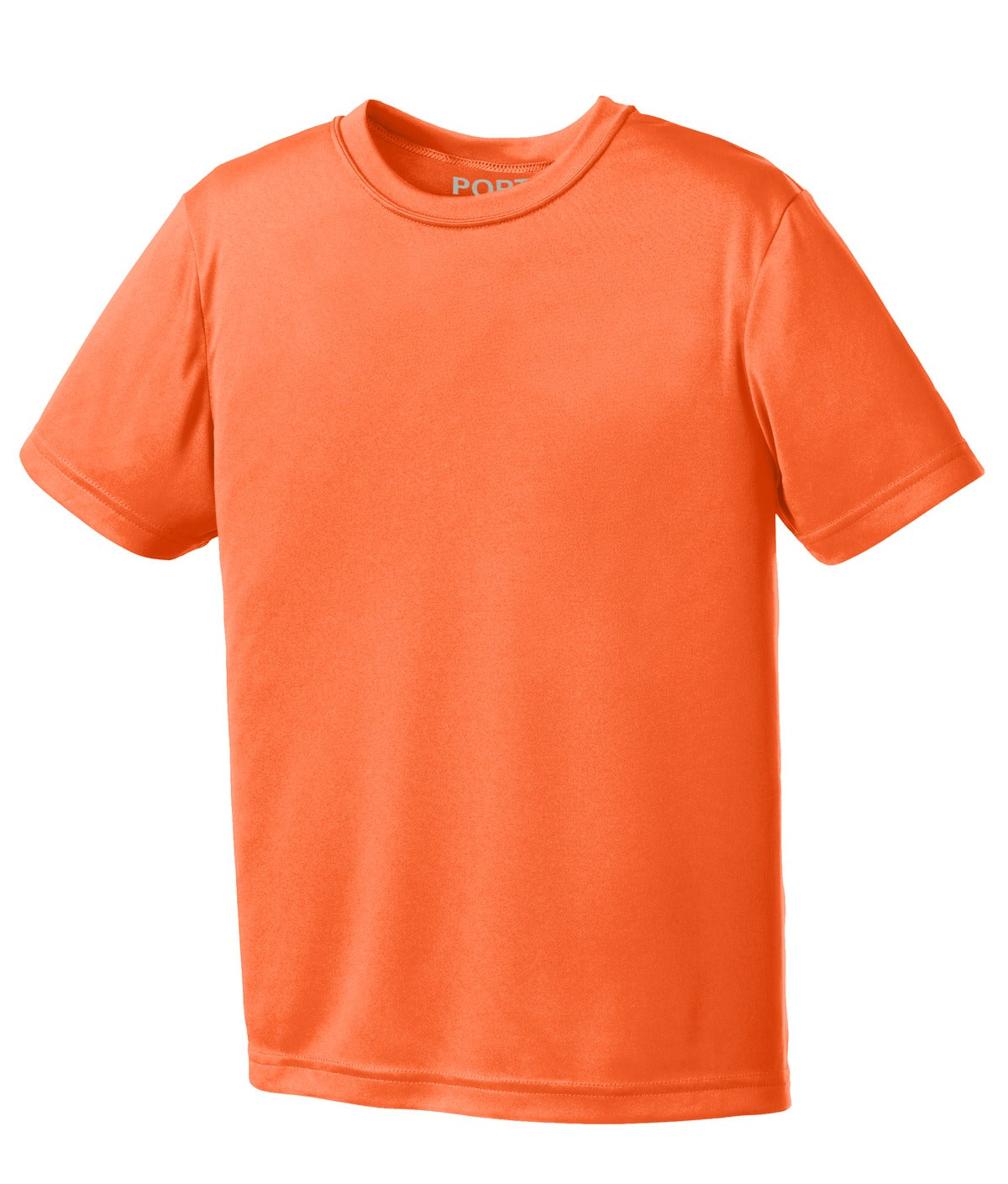 Front View of Neon Orange Port & Co Youth Performance Tee. PC380Y