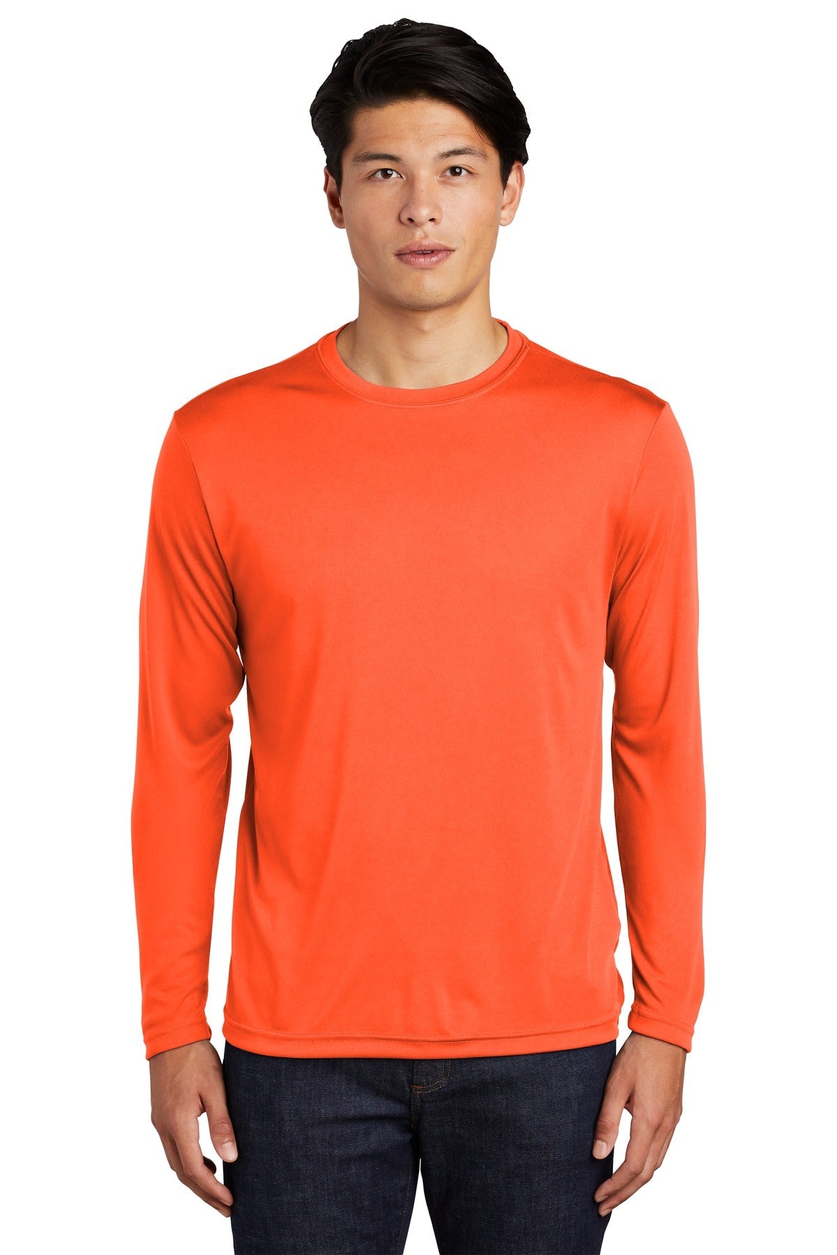Front View of Neon Orange Sport-Tek Long Sleeve PosiCharge Competitor Tee. ST350LS