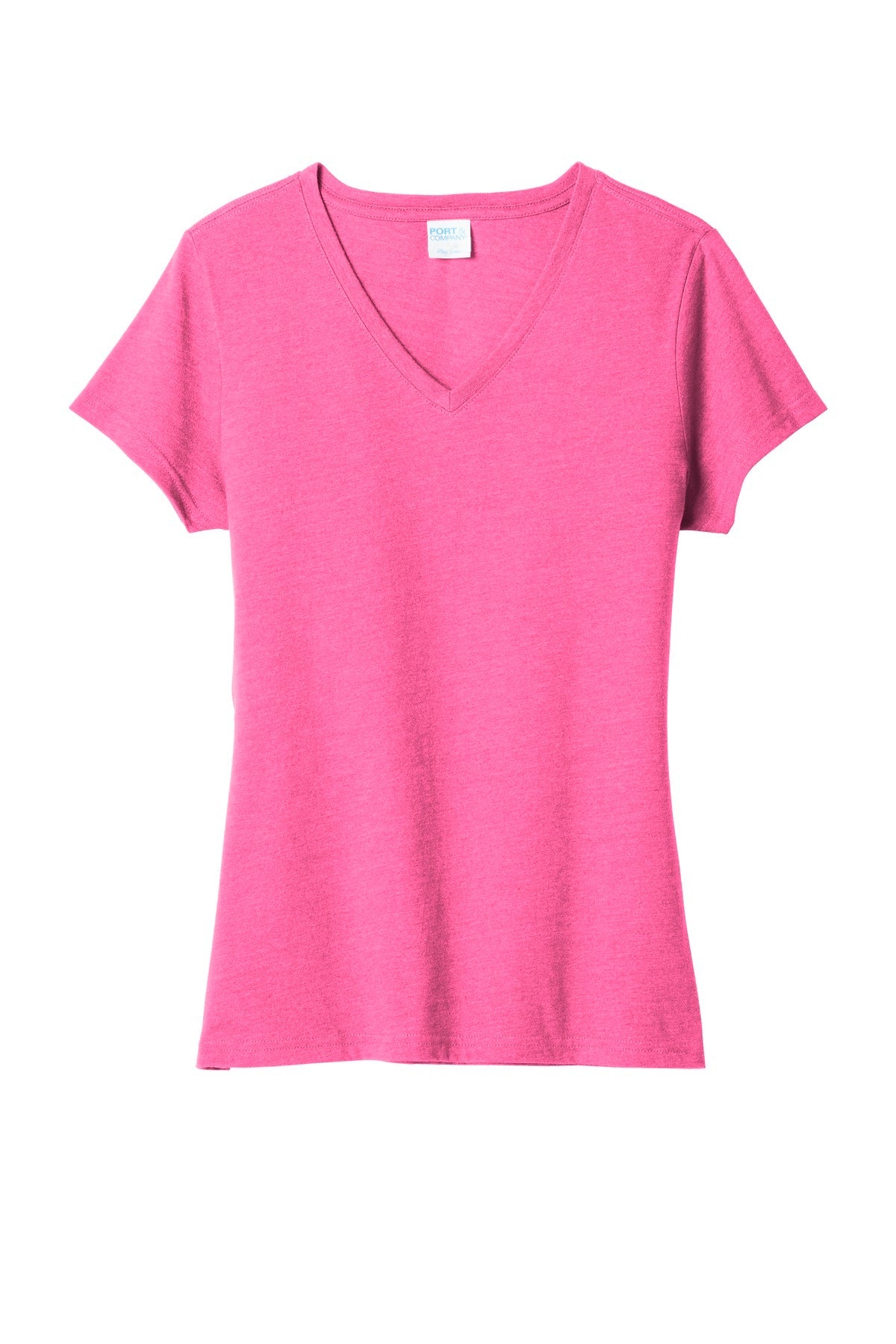 Front View of Neon Pink Hthr Port & Co Women's Fan Favorite Blend V-Neck Tee. LPC455V