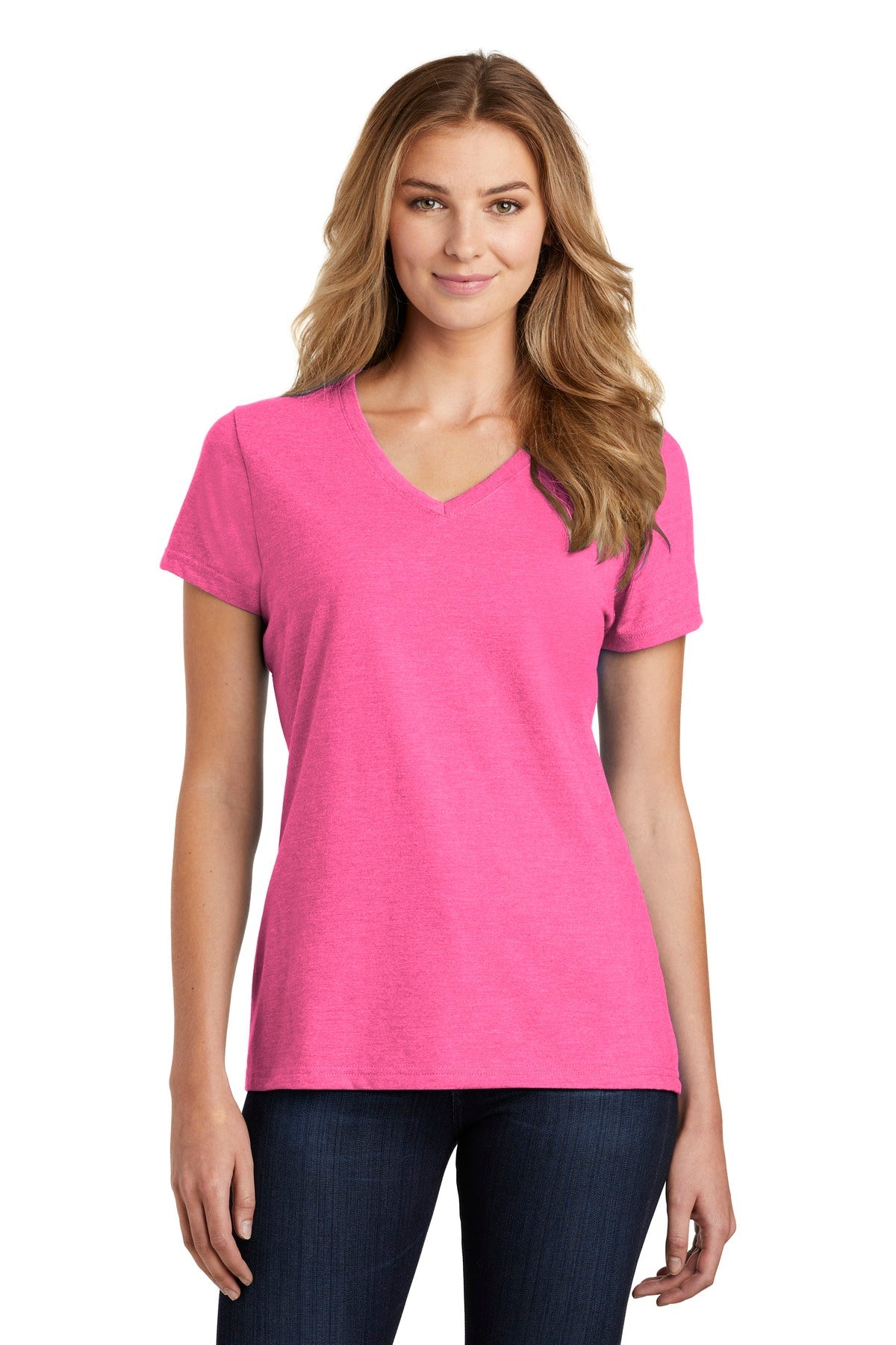 Front View of Neon Pink Hthr Port & Co Women's Fan Favorite Blend V-Neck Tee. LPC455V