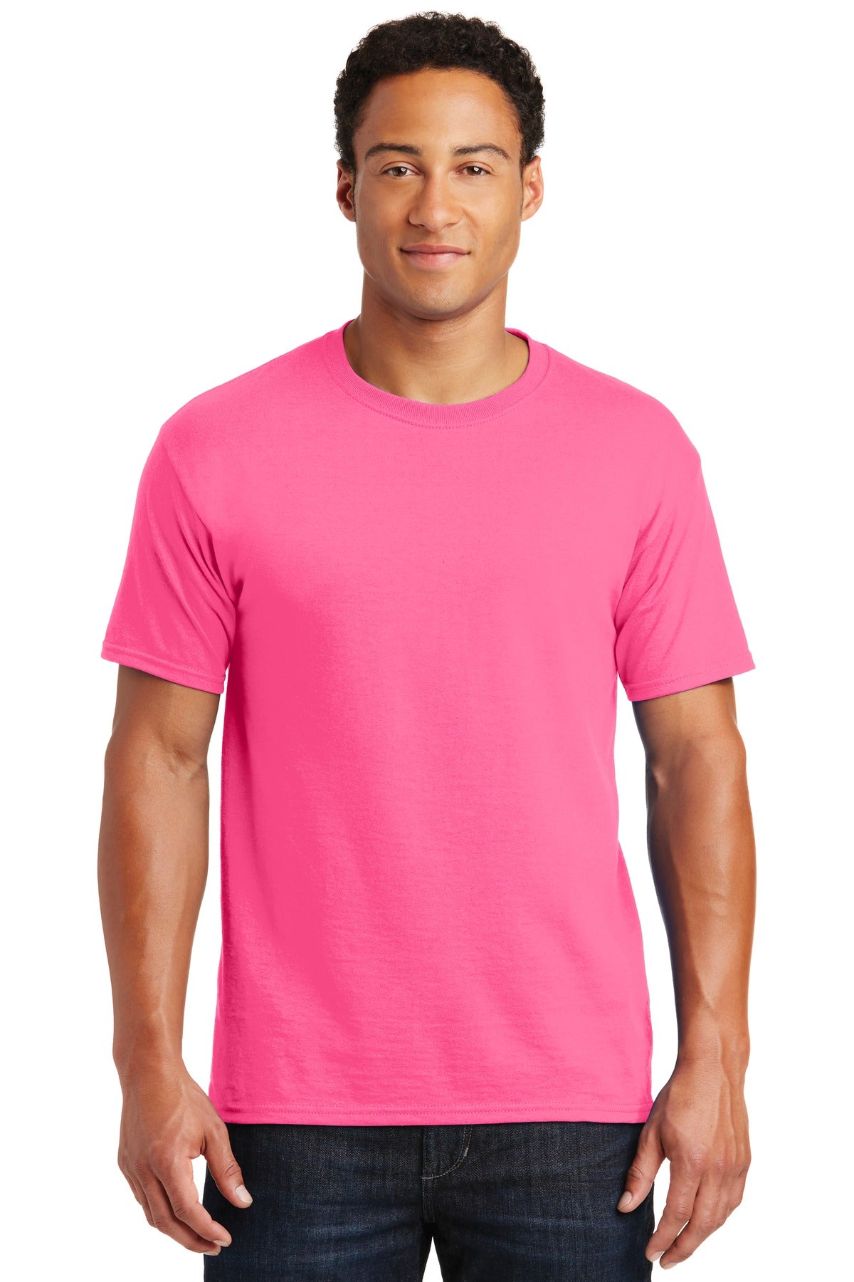 Front View of Neon Pink Jerzees - Dri-Power 50/50 Cotton/Poly T-Shirt. 29M