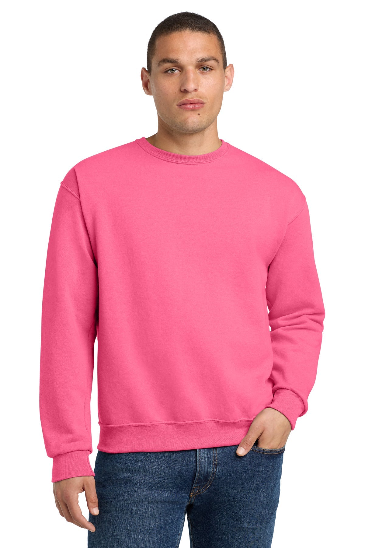 Front View of Neon Pink Jerzees - NuBlend Crewneck Sweatshirt. 562M