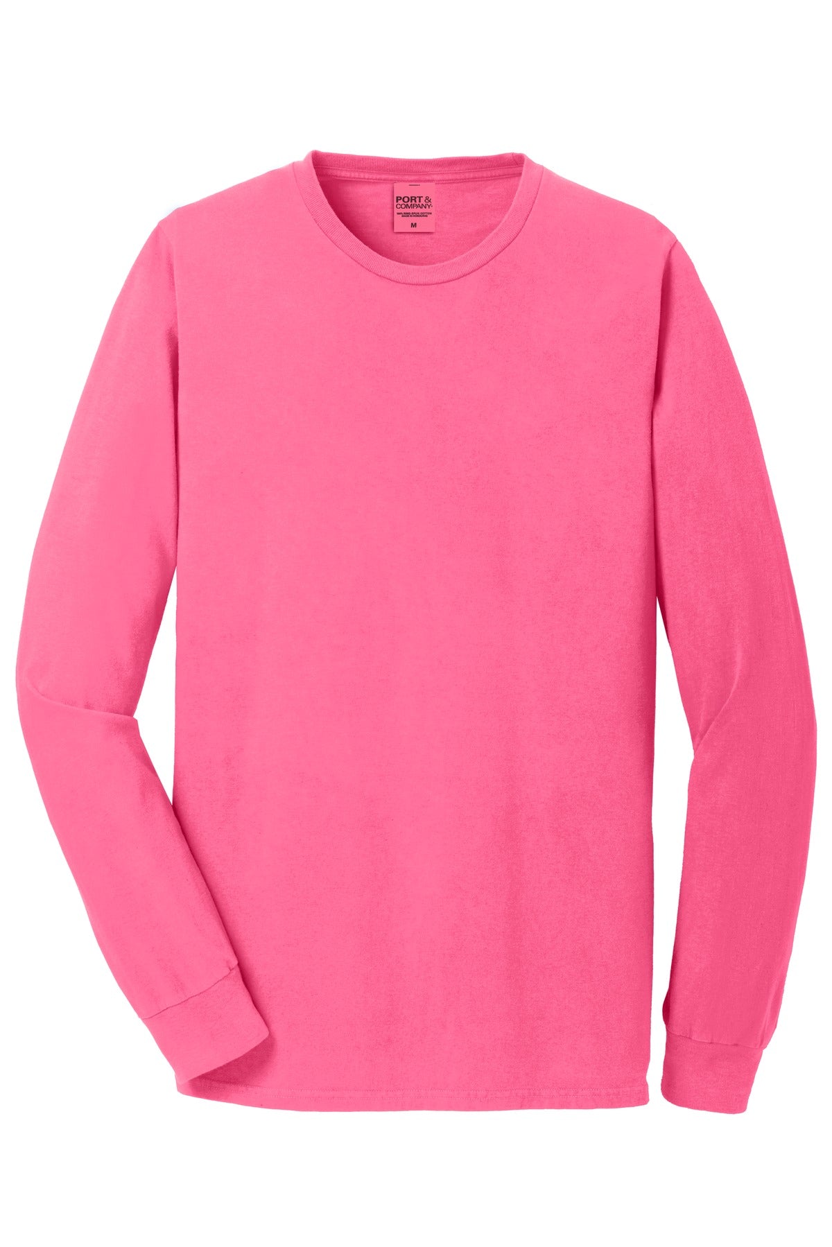 Front View of Neon Pink Port & Co Beach Wash Garment-Dyed Long Sleeve Tee PC099LS