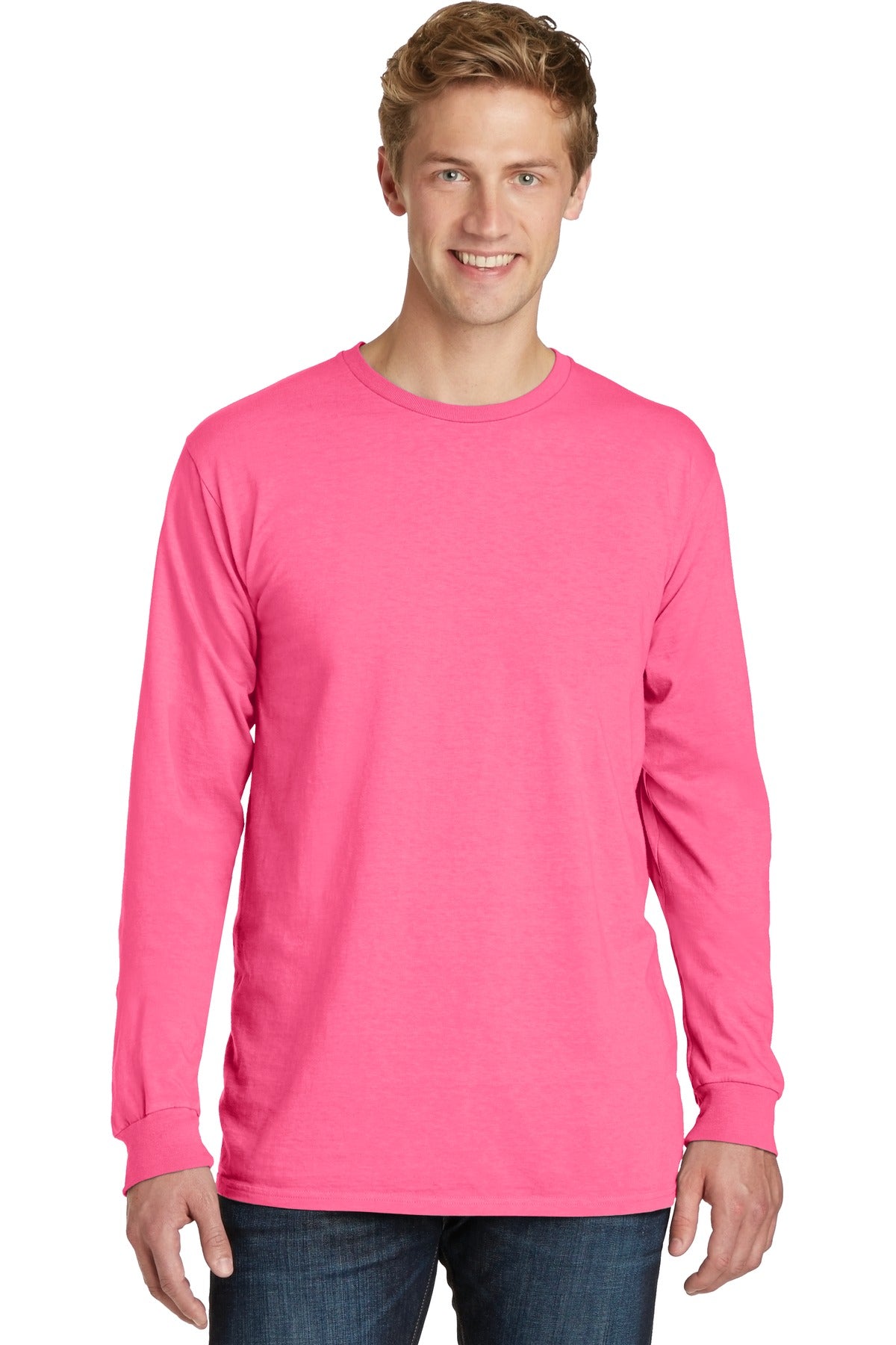 Front View of Neon Pink Port & Co Beach Wash Garment-Dyed Long Sleeve Tee PC099LS