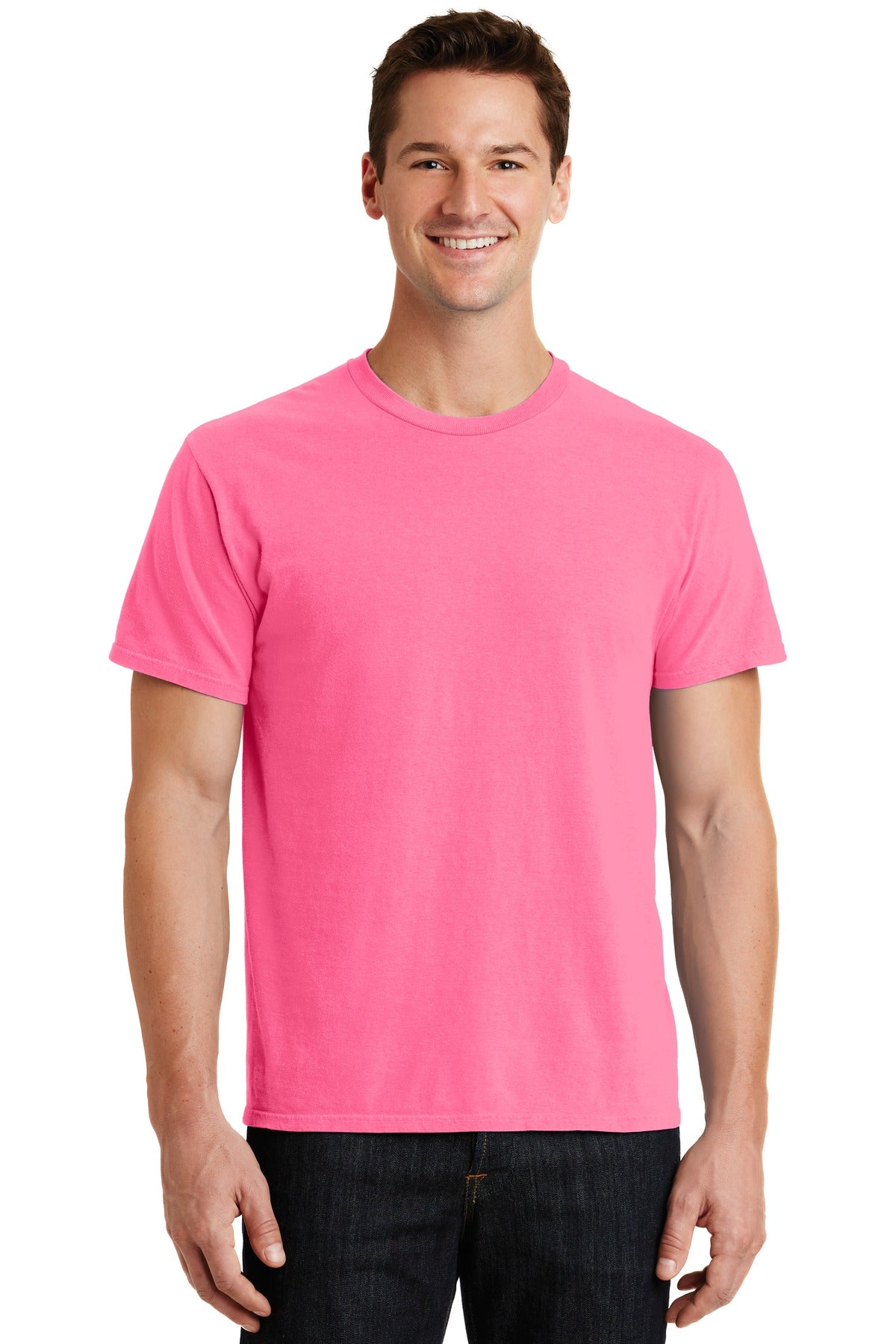Front View of Neon Pink Port & Co Beach Wash Garment-Dyed Tee. PC099