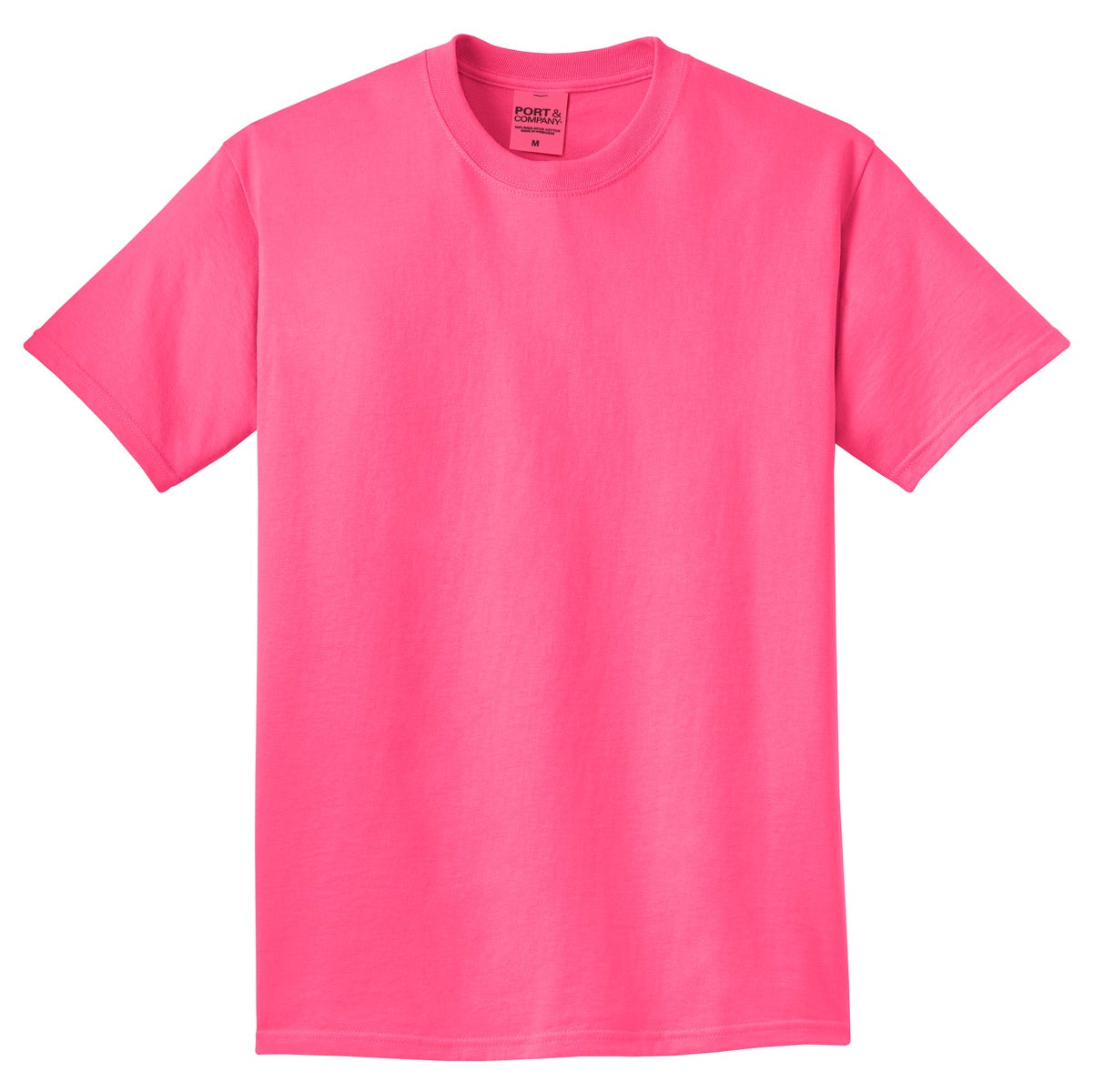 Front View of Neon Pink Port & Co Beach Wash Garment-Dyed Tee. PC099
