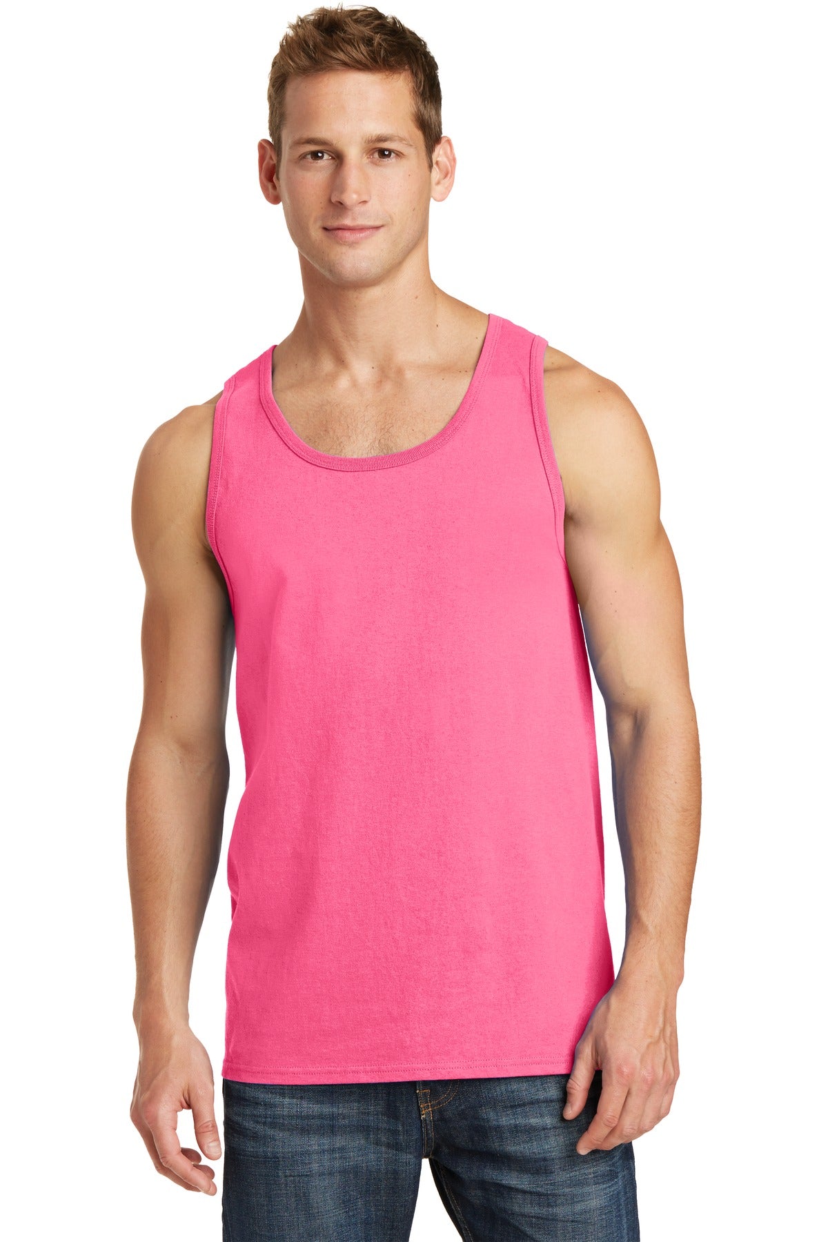 Front View of Neon Pink Port & Co Core Cotton Tank Top. PC54TT