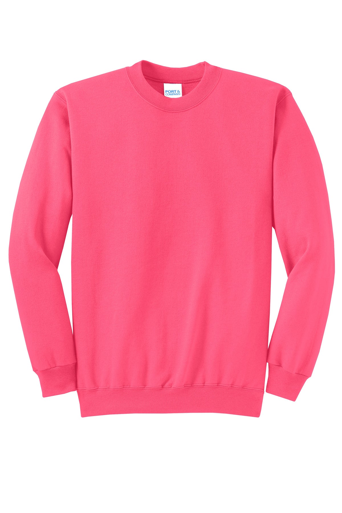 Front View of Neon Pink Port & Co Core Fleece Crewneck Sweatshirt. PC78