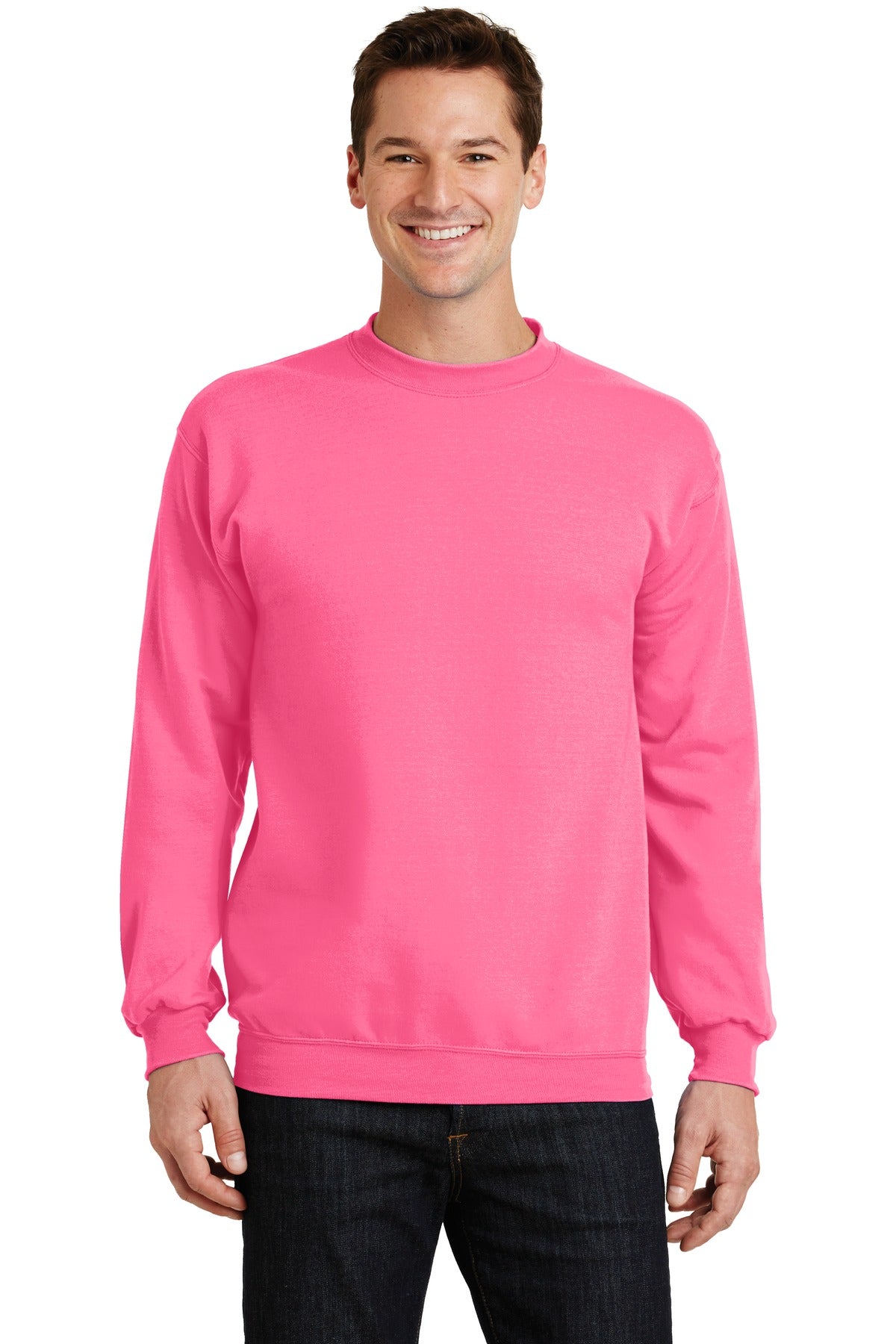 Front View of Neon Pink Port & Co Core Fleece Crewneck Sweatshirt. PC78