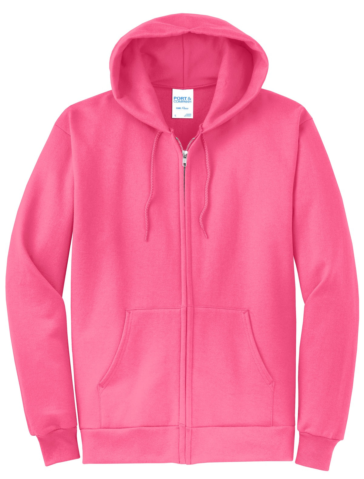 Front View of Neon Pink Port & Co Core Fleece Full-Zip Hooded Sweatshirt. PC78ZH