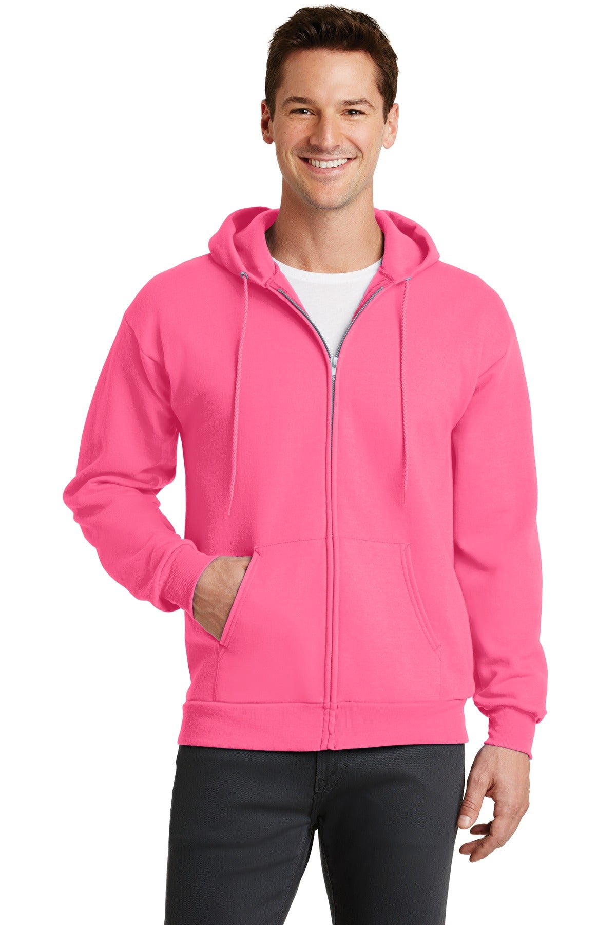 Front View of Neon Pink Port & Co Core Fleece Full-Zip Hooded Sweatshirt. PC78ZH