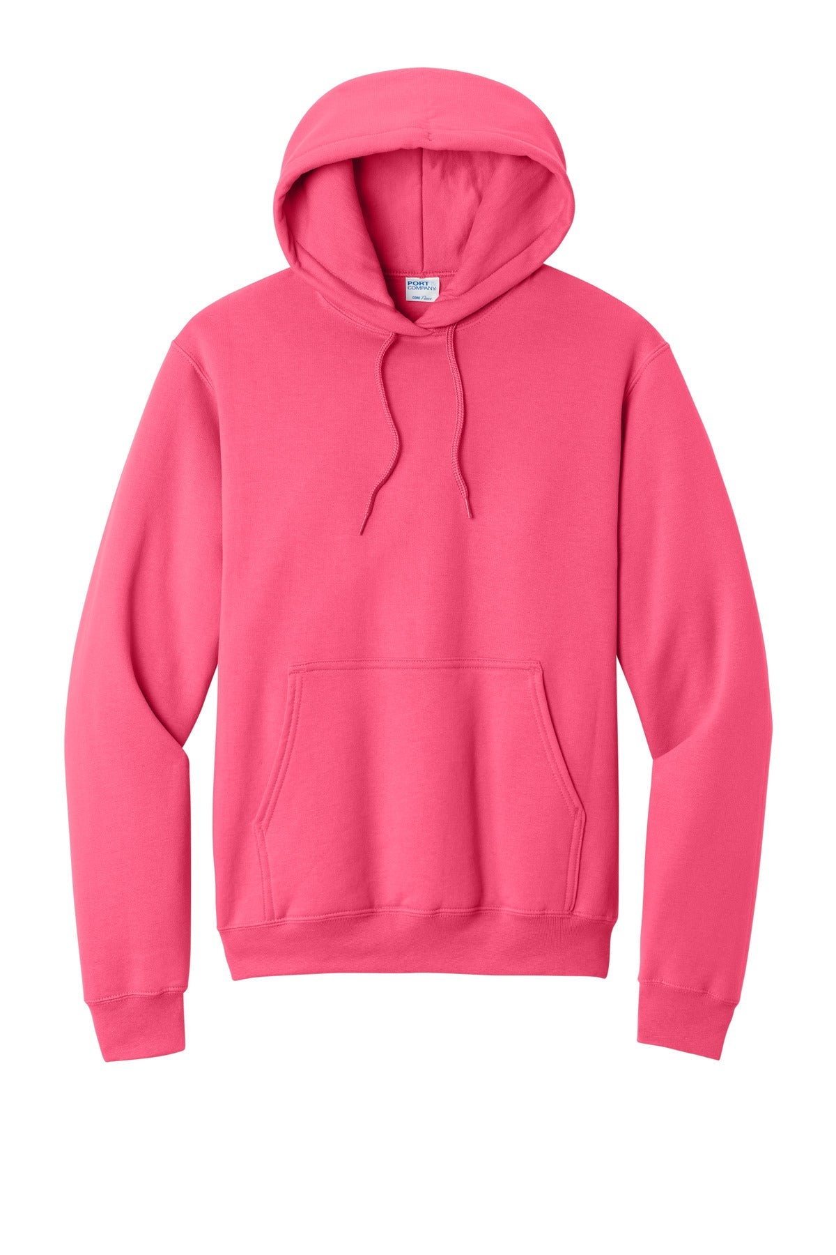 Front View of Neon Pink Port & Co Core Fleece Pullover Hooded Sweatshirt. PC78H