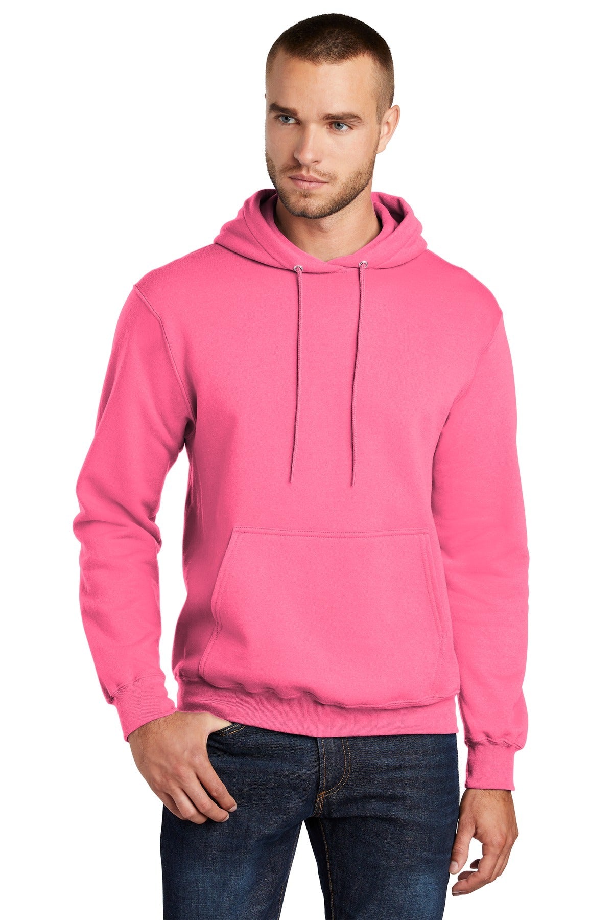 Front View of Neon Pink Port & Co Core Fleece Pullover Hooded Sweatshirt. PC78H