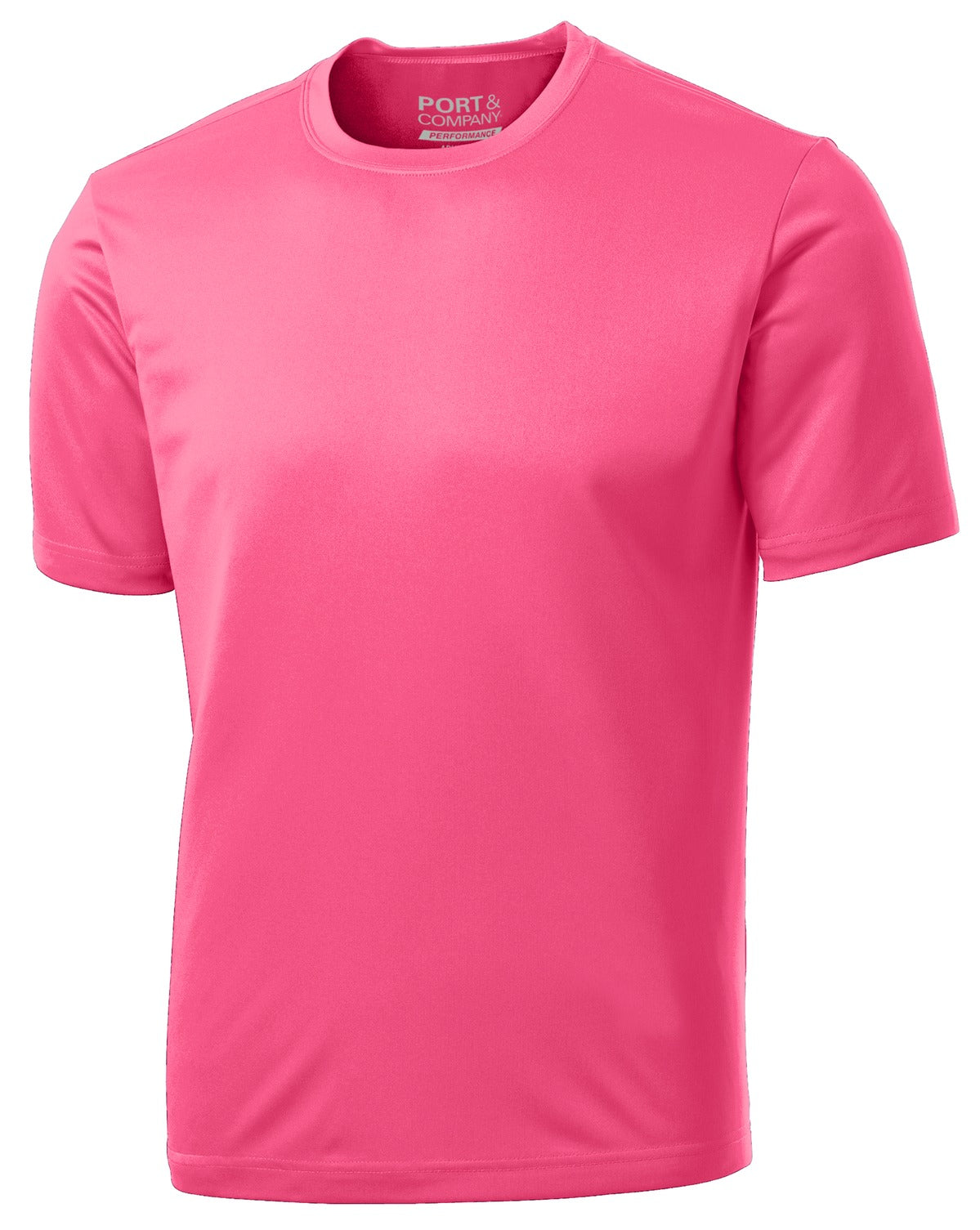 Front View of Neon Pink Port & Co Performance Tee. PC380