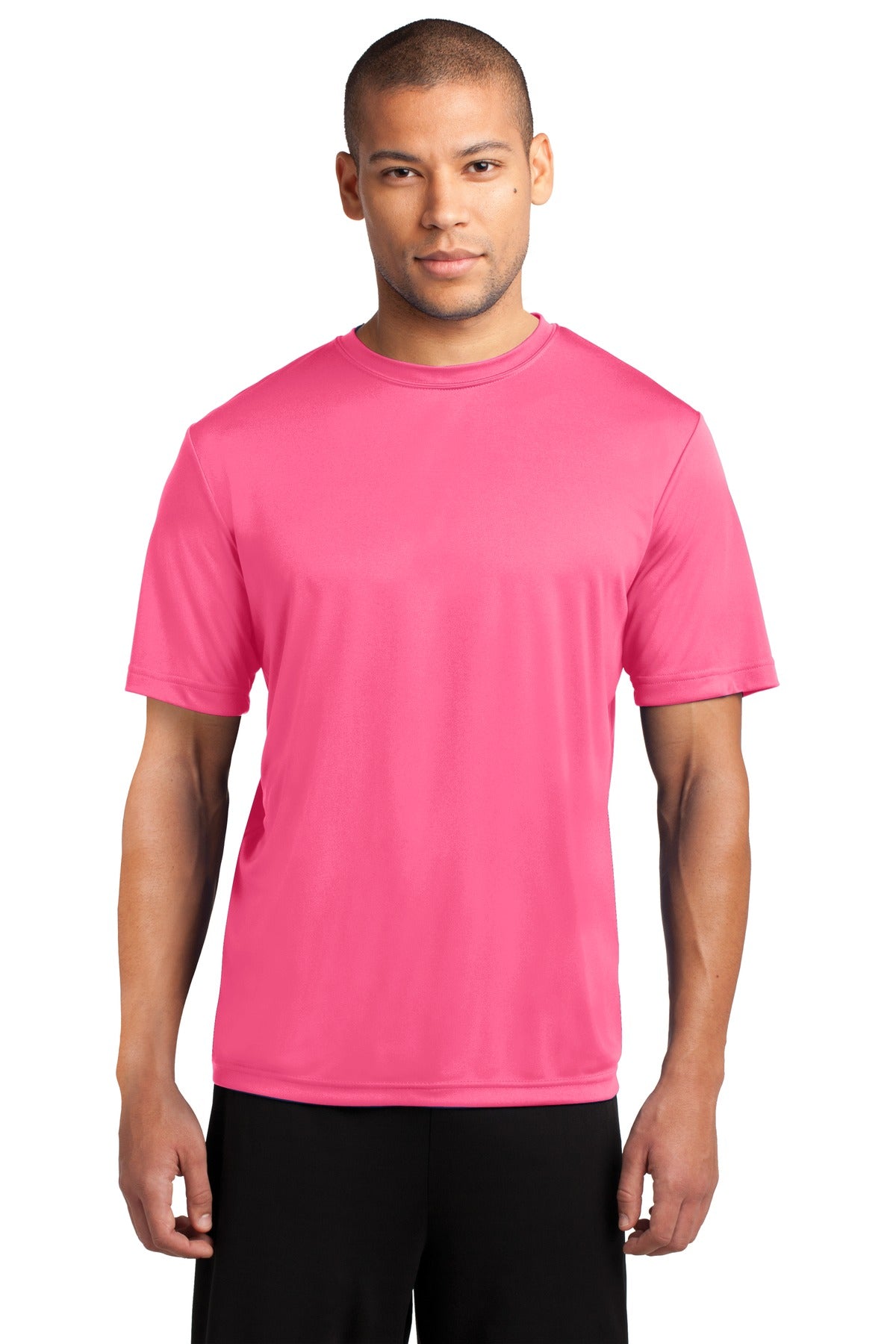 Front View of Neon Pink Port & Co Performance Tee. PC380