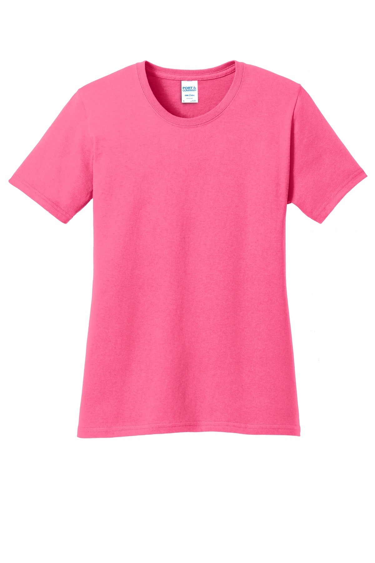 Front View of Neon Pink Port & Co Women's Core Cotton Tee. LPC54