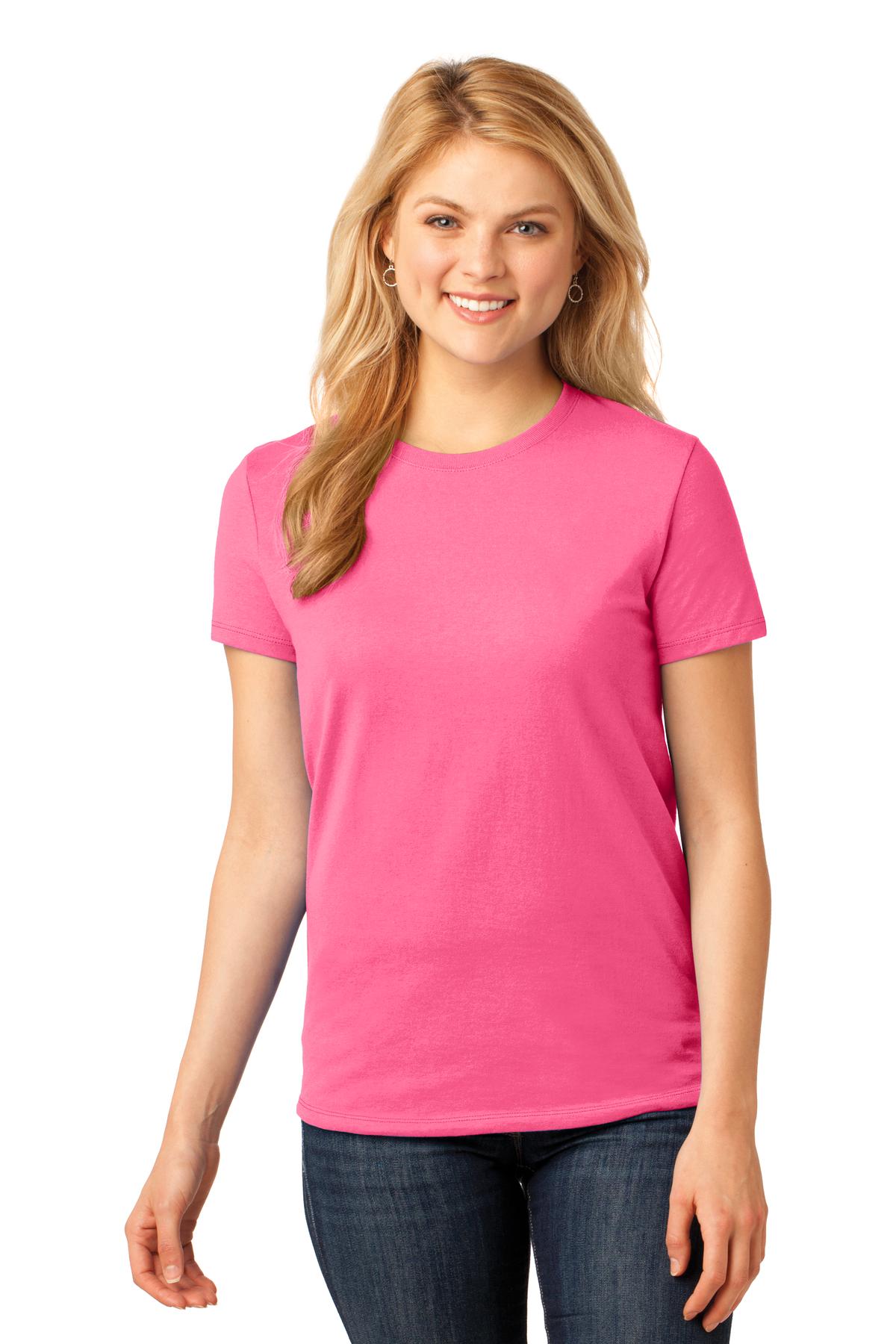 Front View of Neon Pink Port & Co Women's Core Cotton Tee. LPC54