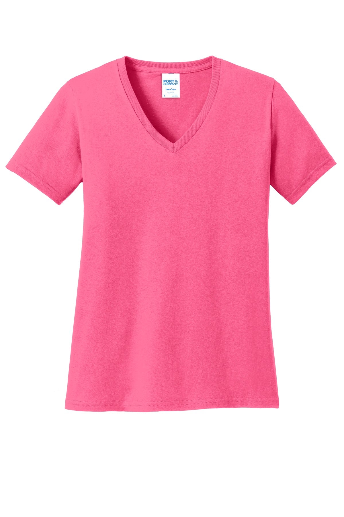 Front View of Neon Pink Port & Co Women's Core Cotton V-Neck Tee. LPC54V